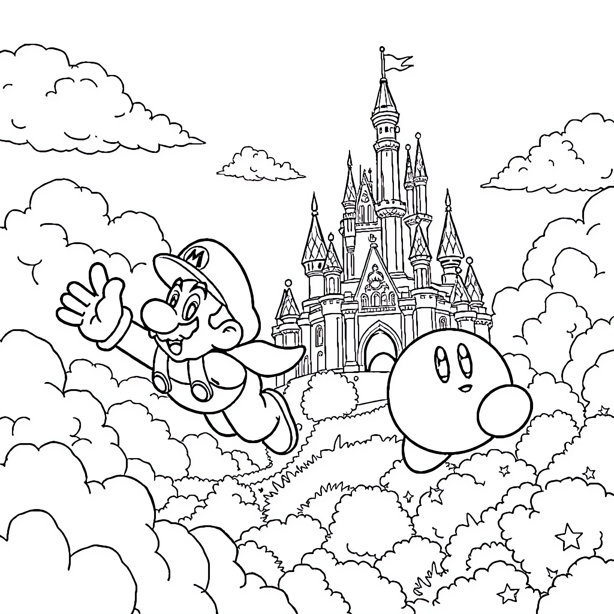 Super Mario's Magical Adventure at Castle Kingdom Coloring Page (free black-and-white line drawing printable PDF for all, from beginners to advanced learners, including children, teens, adults, and seniors)