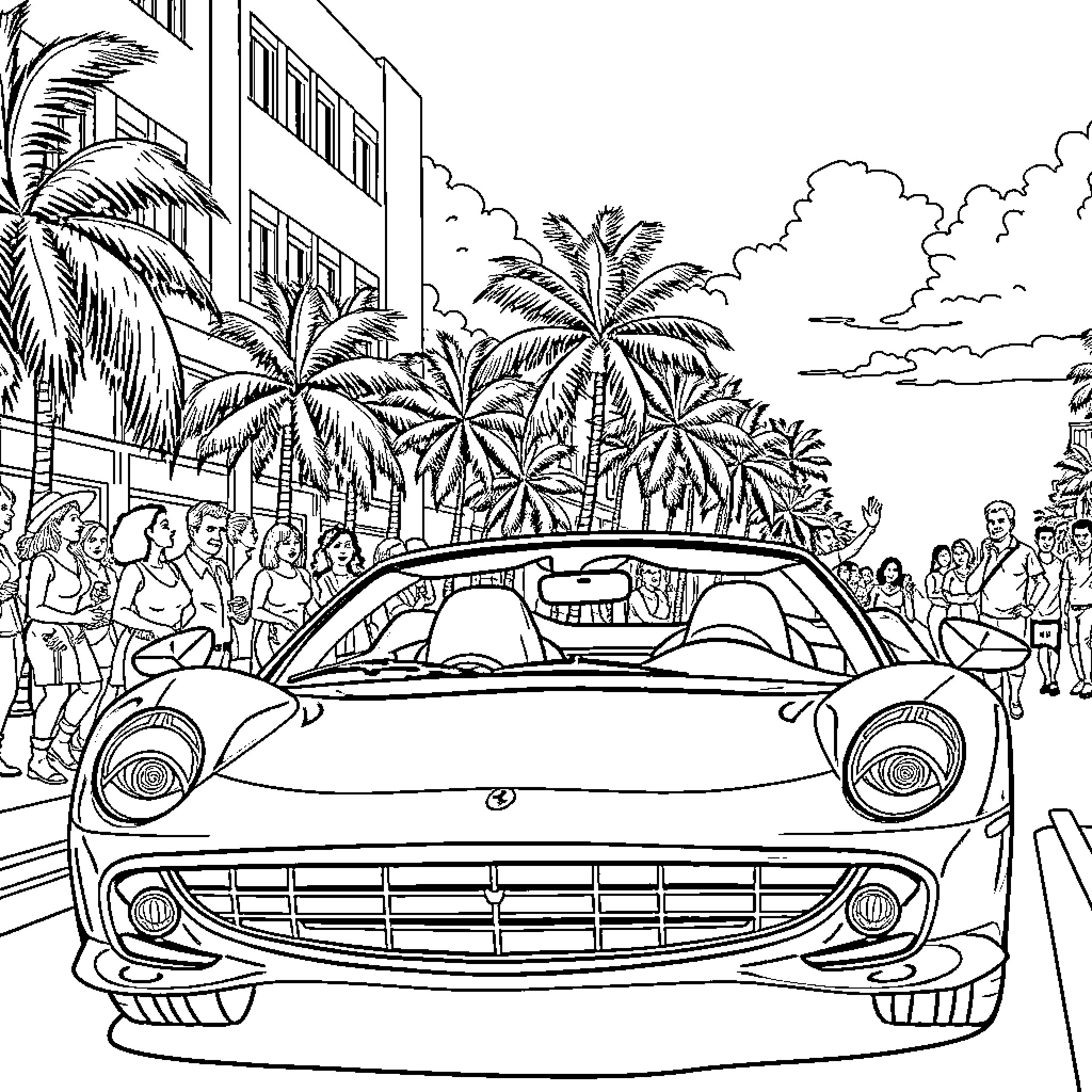 George Washington cruising through a tropical city Coloring Page (free black-and-white line drawing printable PDF for all, from beginners to advanced learners, including children, teens, adults, and seniors)