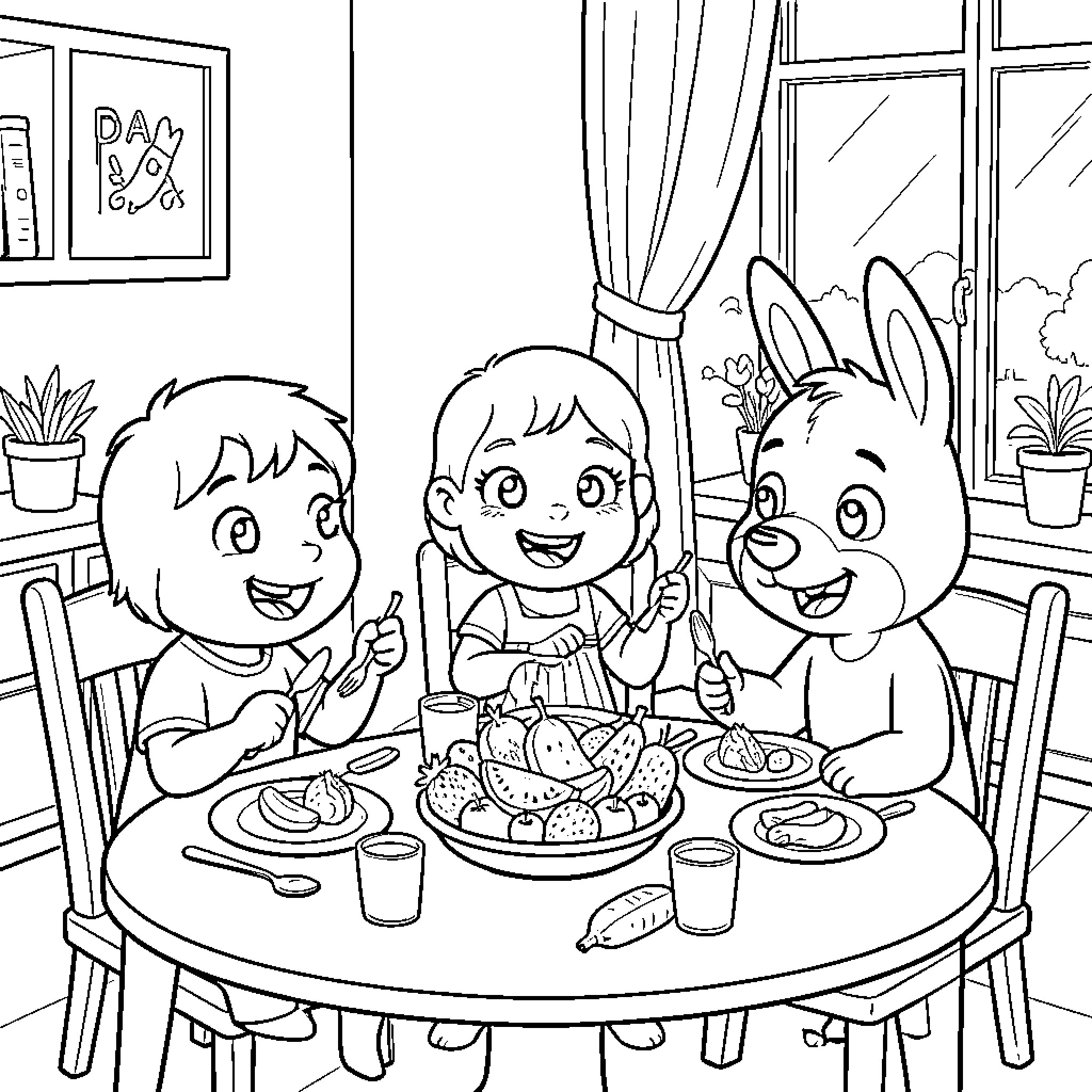Chili Dinner with Cartoon Characters Coloring Page (free black-and-white line drawing printable PDF for all, from beginners to advanced learners, including children, teens, adults, and seniors)