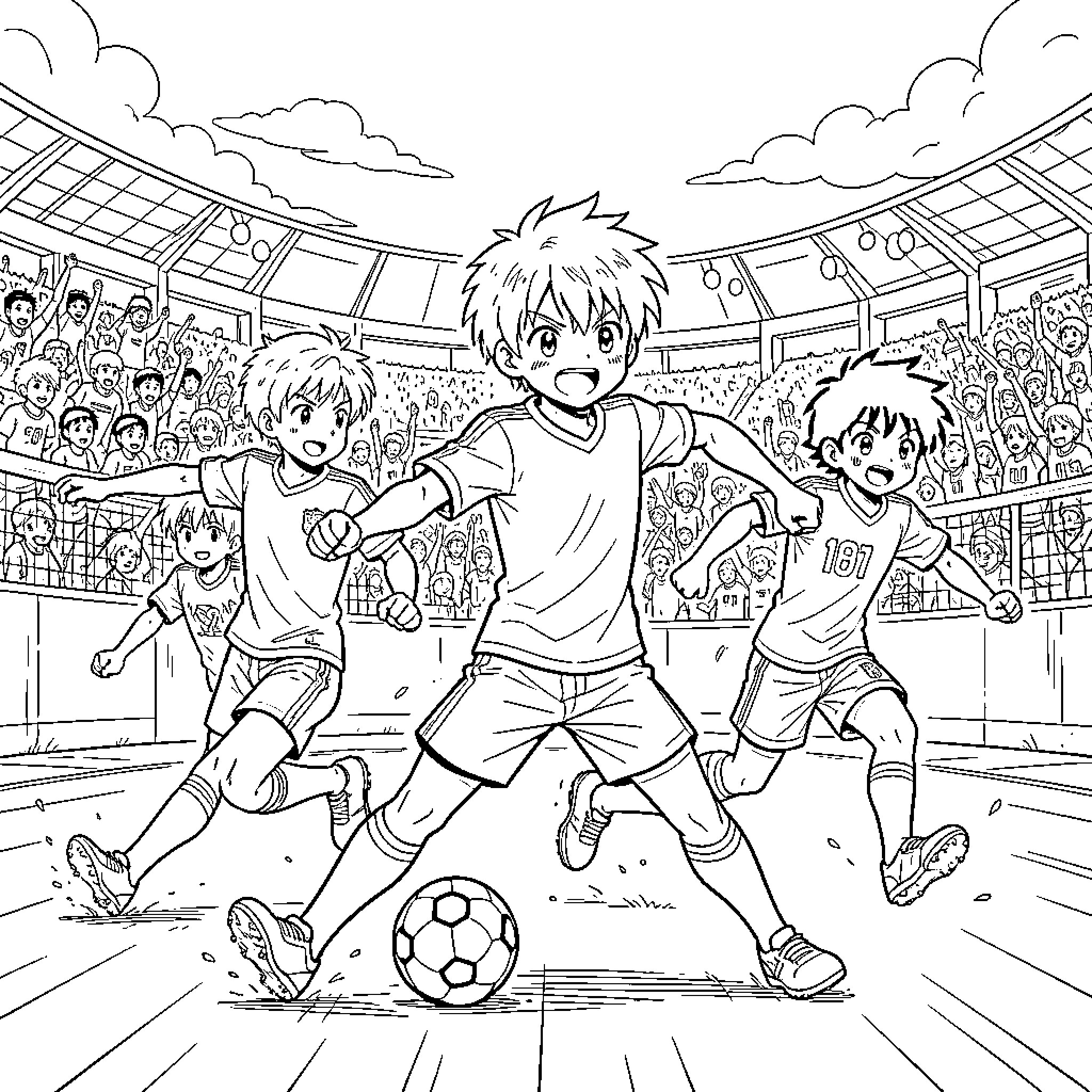 Futbol players competing in a match with crowd cheering Coloring Page (free black-and-white line drawing printable PDF for all, from beginners to advanced learners, including children, teens, adults, and seniors)