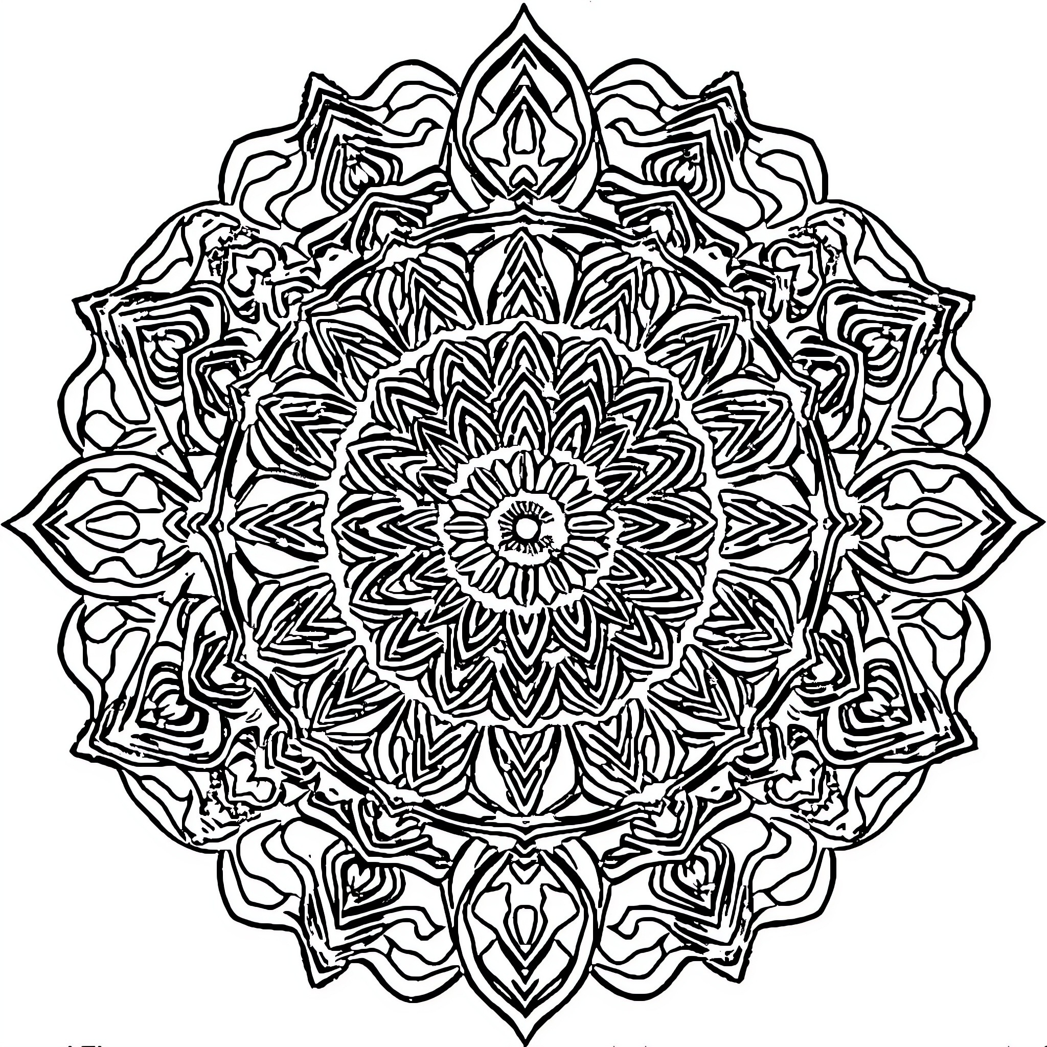 Mandala of intricate floral patterns and shapes Coloring Page (free black-and-white line drawing printable PDF for all, from beginners to advanced learners, including children, teens, adults, and seniors)