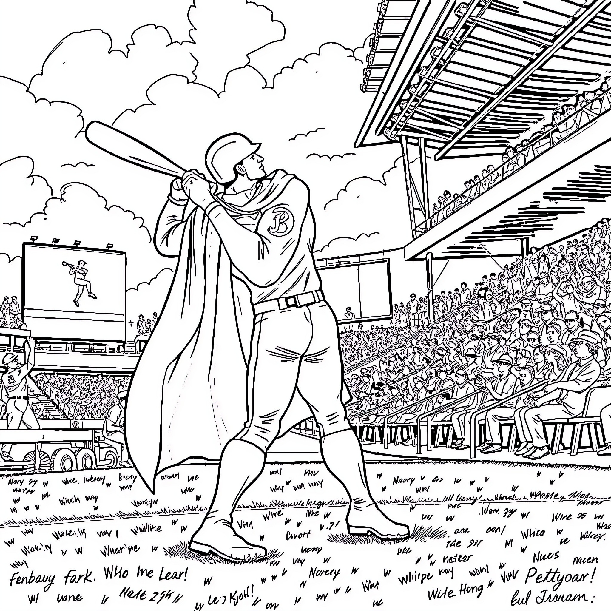 Superman heroically addressing a stadium of fans Coloring Page (free black-and-white line drawing printable PDF for all, from beginners to advanced learners, including children, teens, adults, and seniors)