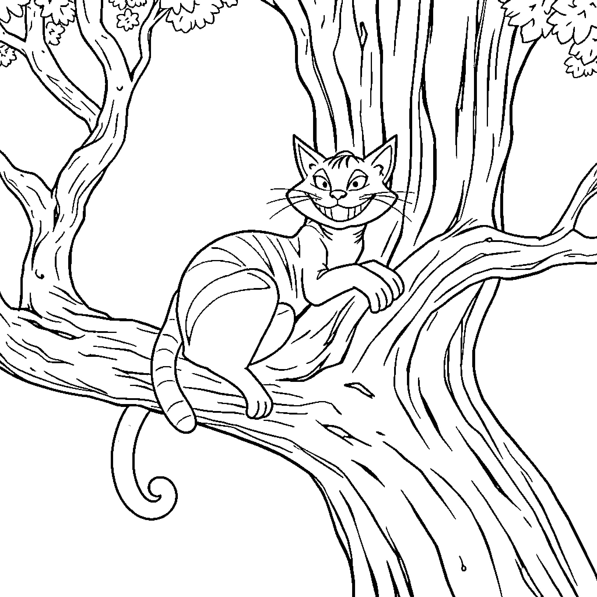 Cheshire Cat sitting on a tree branch in the forest Coloring Page (free black-and-white line drawing printable PDF for all, from beginners to advanced learners, including children, teens, adults, and seniors)