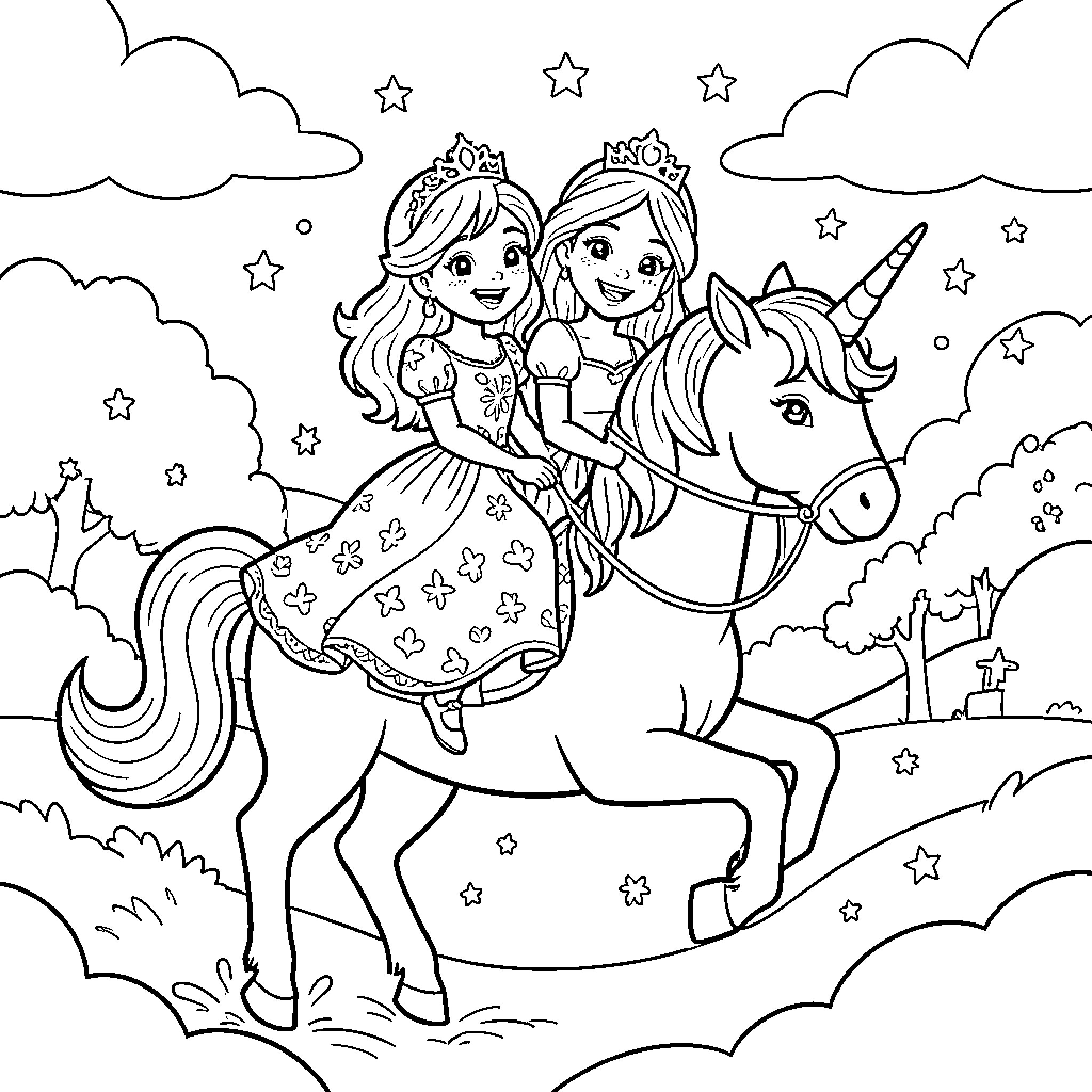 Princesses riding a unicorn through a magical landscape Coloring Page (free black-and-white line drawing printable PDF for all, from beginners to advanced learners, including children, teens, adults, and seniors)