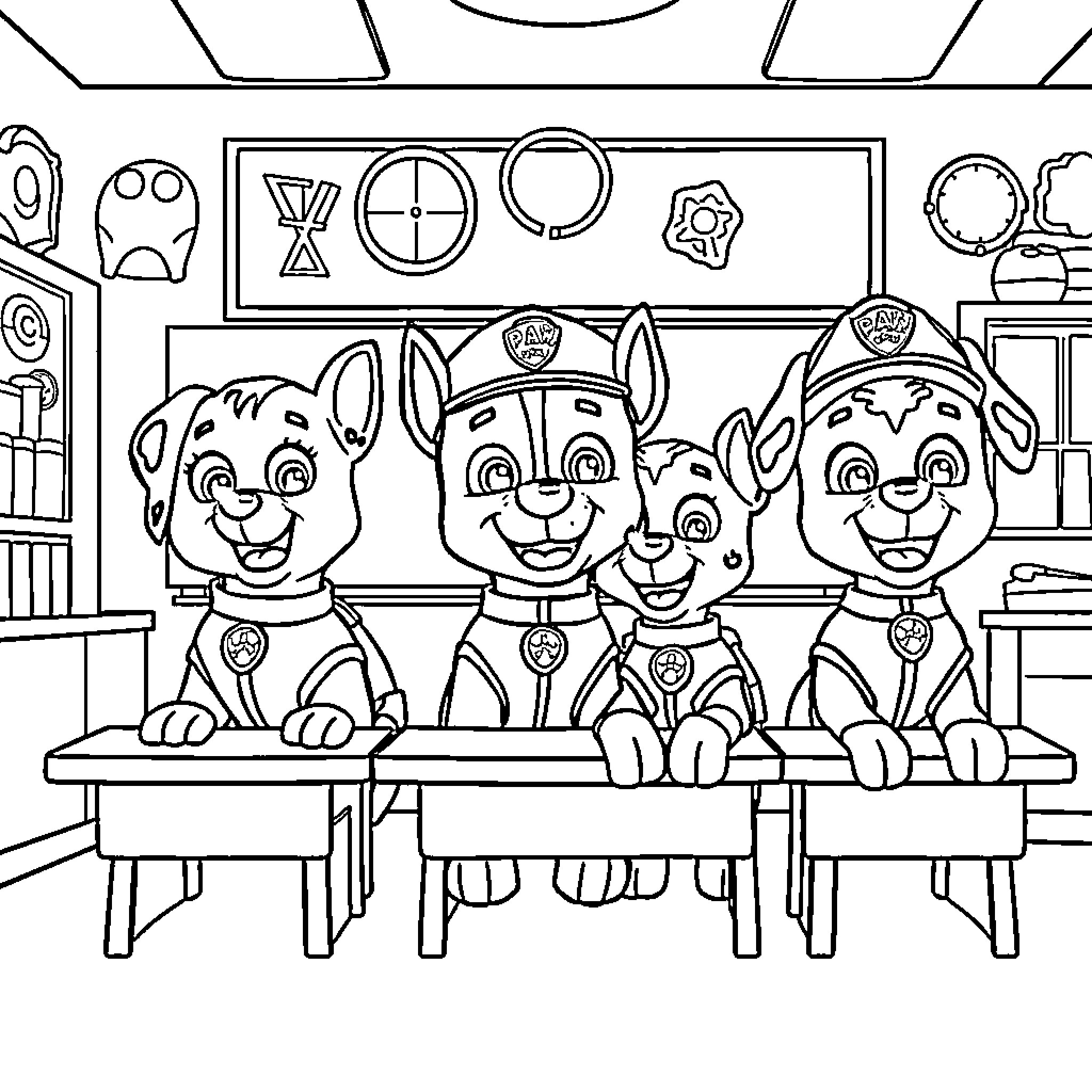 Paw Patrol Classroom Adventures Coloring Page (free black-and-white line drawing printable PDF for all, from beginners to advanced learners, including children, teens, adults, and seniors)
