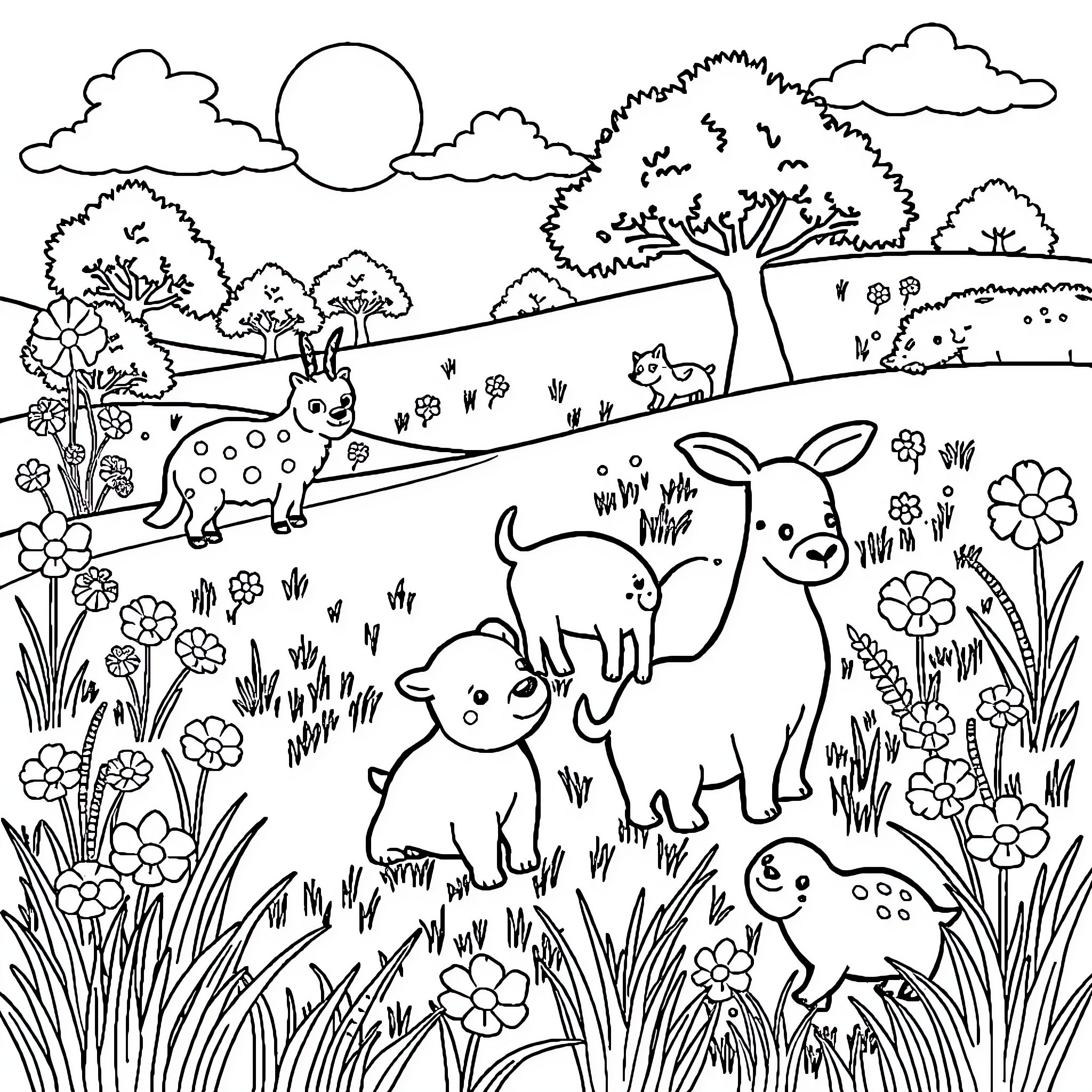 Animal Friends Explore the Peaceful Meadow Coloring Page (free black-and-white line drawing printable PDF for all, from beginners to advanced learners, including children, teens, adults, and seniors)