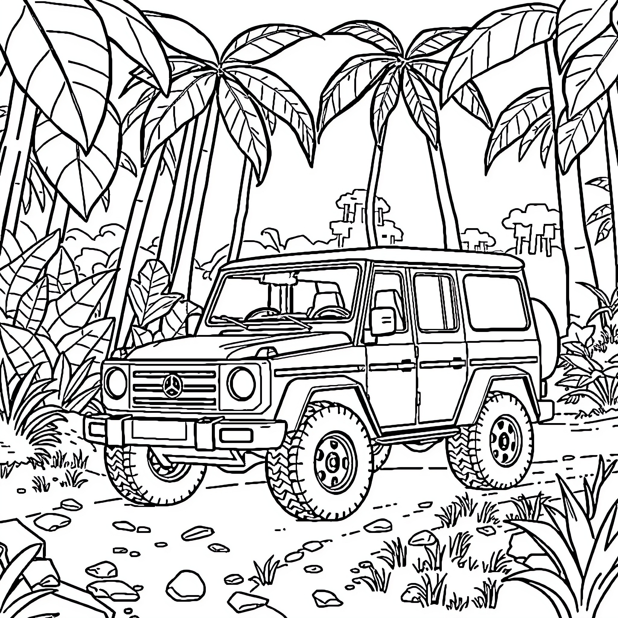 SUV exploring lush tropical landscape Coloring Page (free black-and-white line drawing printable PDF for all, from beginners to advanced learners, including children, teens, adults, and seniors)