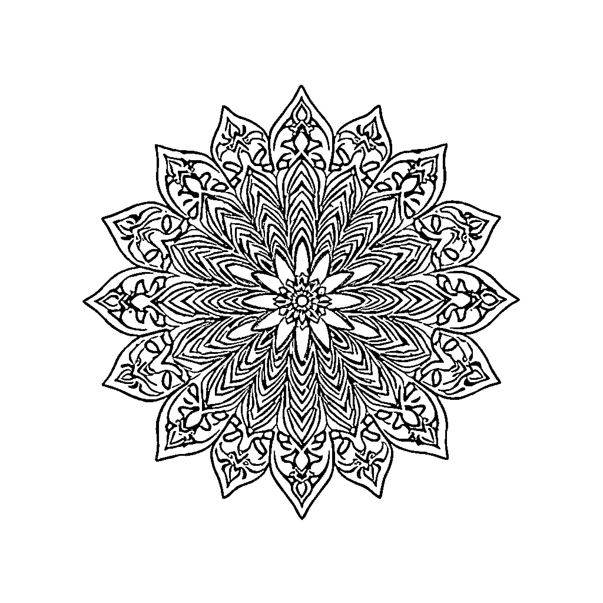 Mandala of intricate floral patterns Coloring Page (free black-and-white line drawing printable PDF for all, from beginners to advanced learners, including children, teens, adults, and seniors)