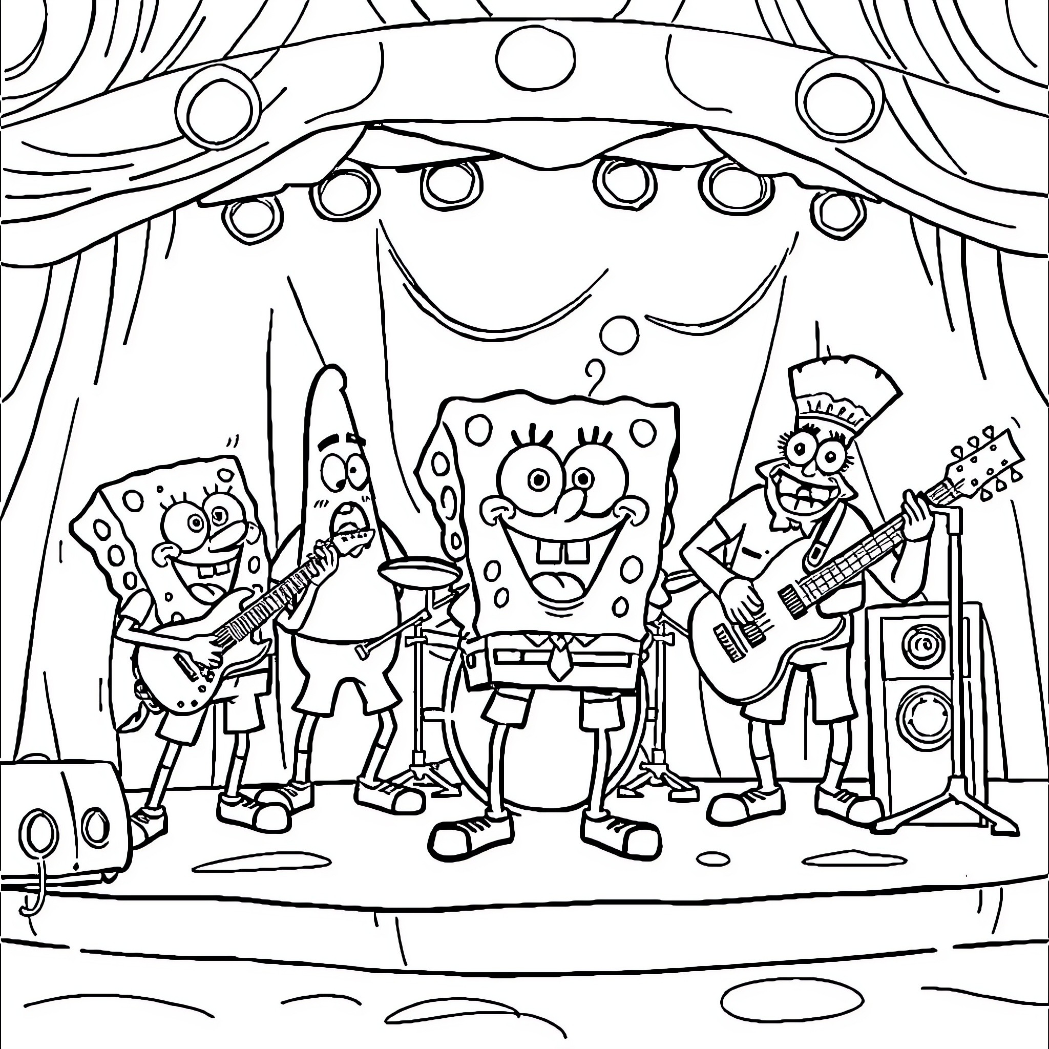 Spongebob and friends performing on stage Coloring Page (free black-and-white line drawing printable PDF for all, from beginners to advanced learners, including children, teens, adults, and seniors)