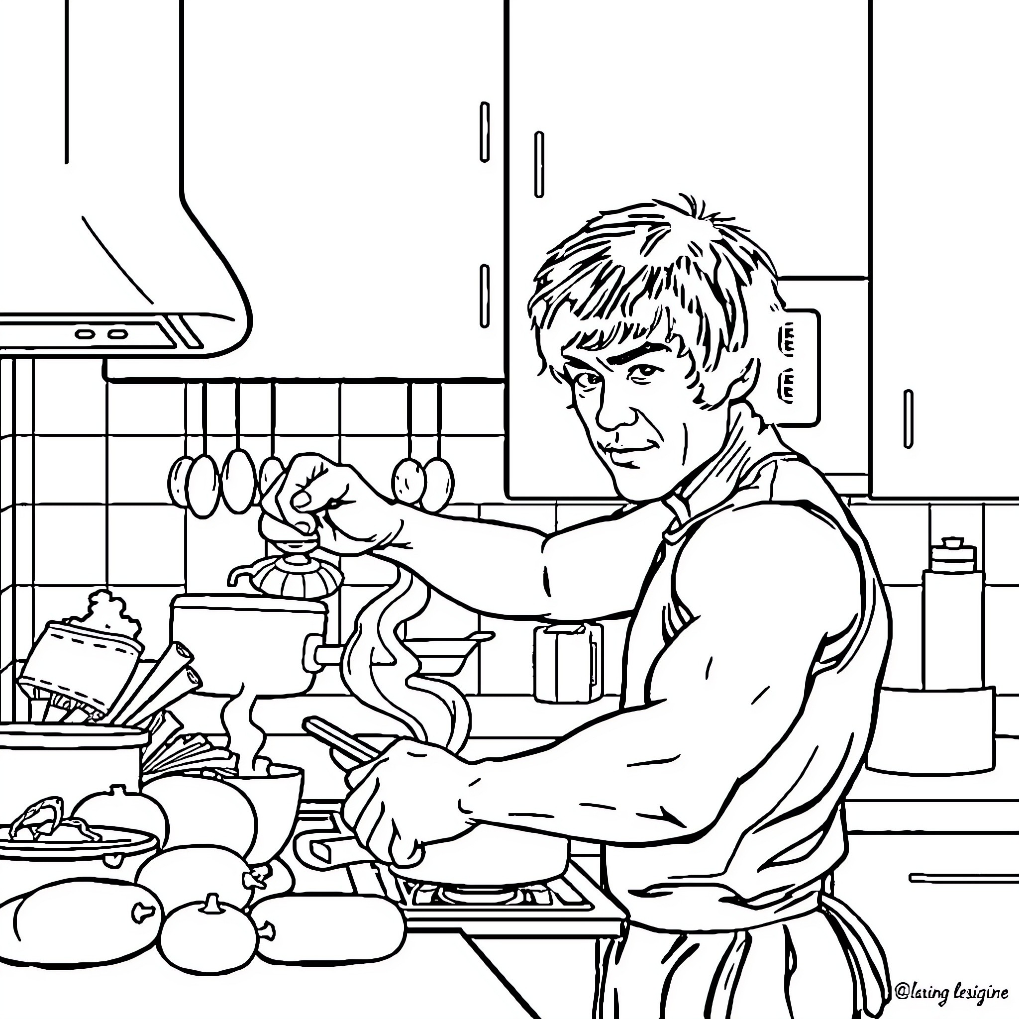 Bruce Lee cooking in a kitchen Coloring Page (free black-and-white line drawing printable PDF for all, from beginners to advanced learners, including children, teens, adults, and seniors)