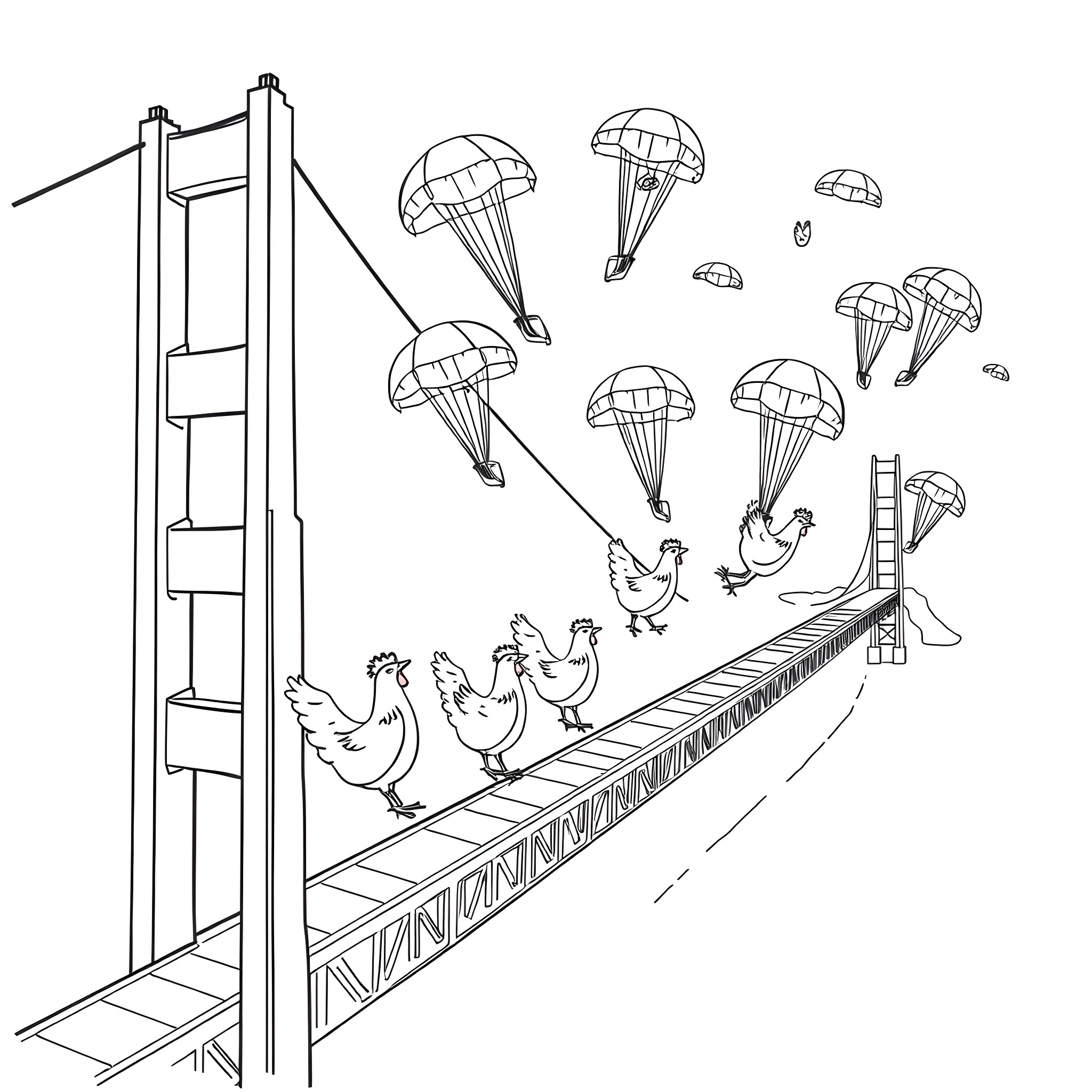 Chickens skydiving with parachutes from platform Coloring Page (free black-and-white line drawing printable PDF for all, from beginners to advanced learners, including children, teens, adults, and seniors)