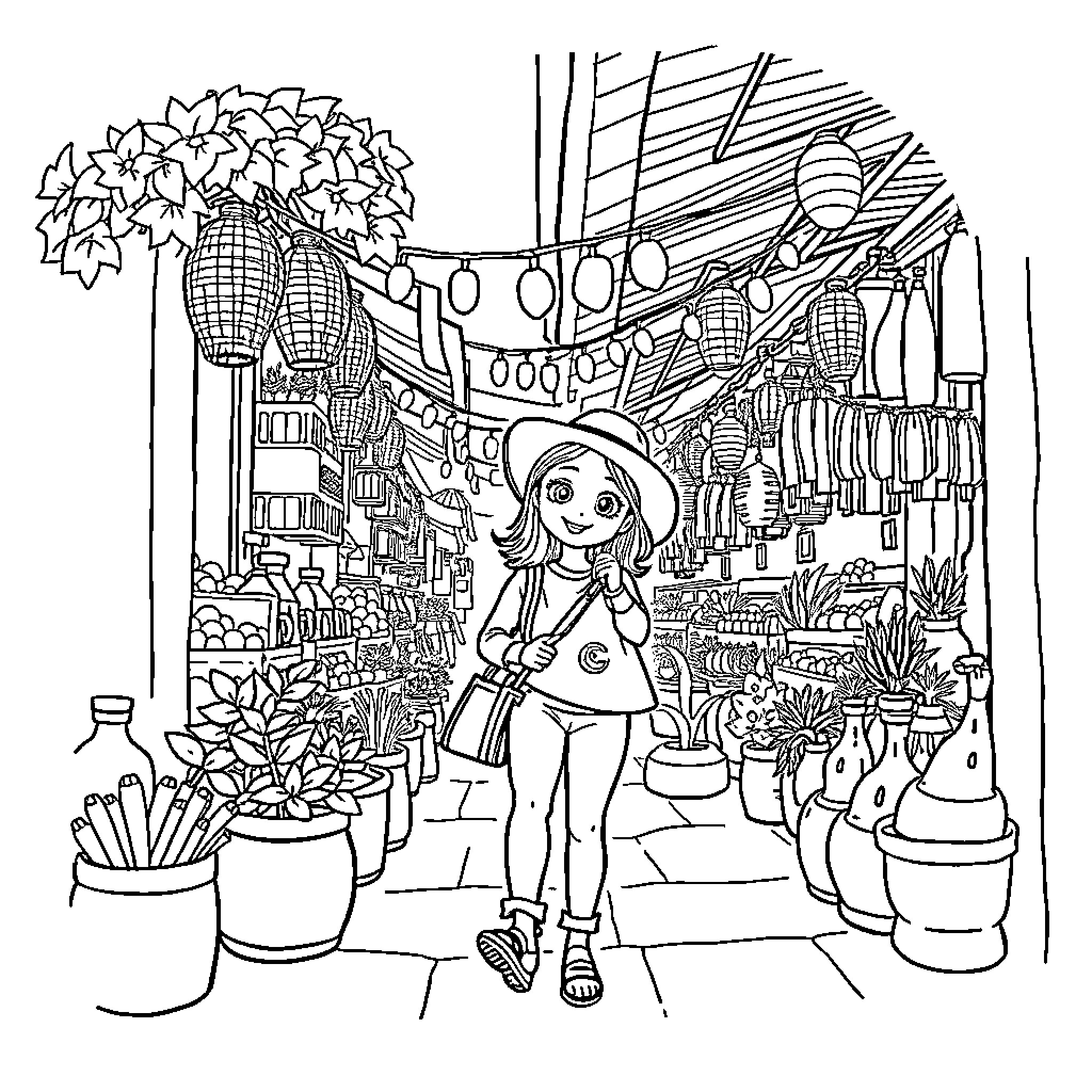 Bluey exploring a vibrant market scene Coloring Page (free black-and-white line drawing printable PDF for all, from beginners to advanced learners, including children, teens, adults, and seniors)