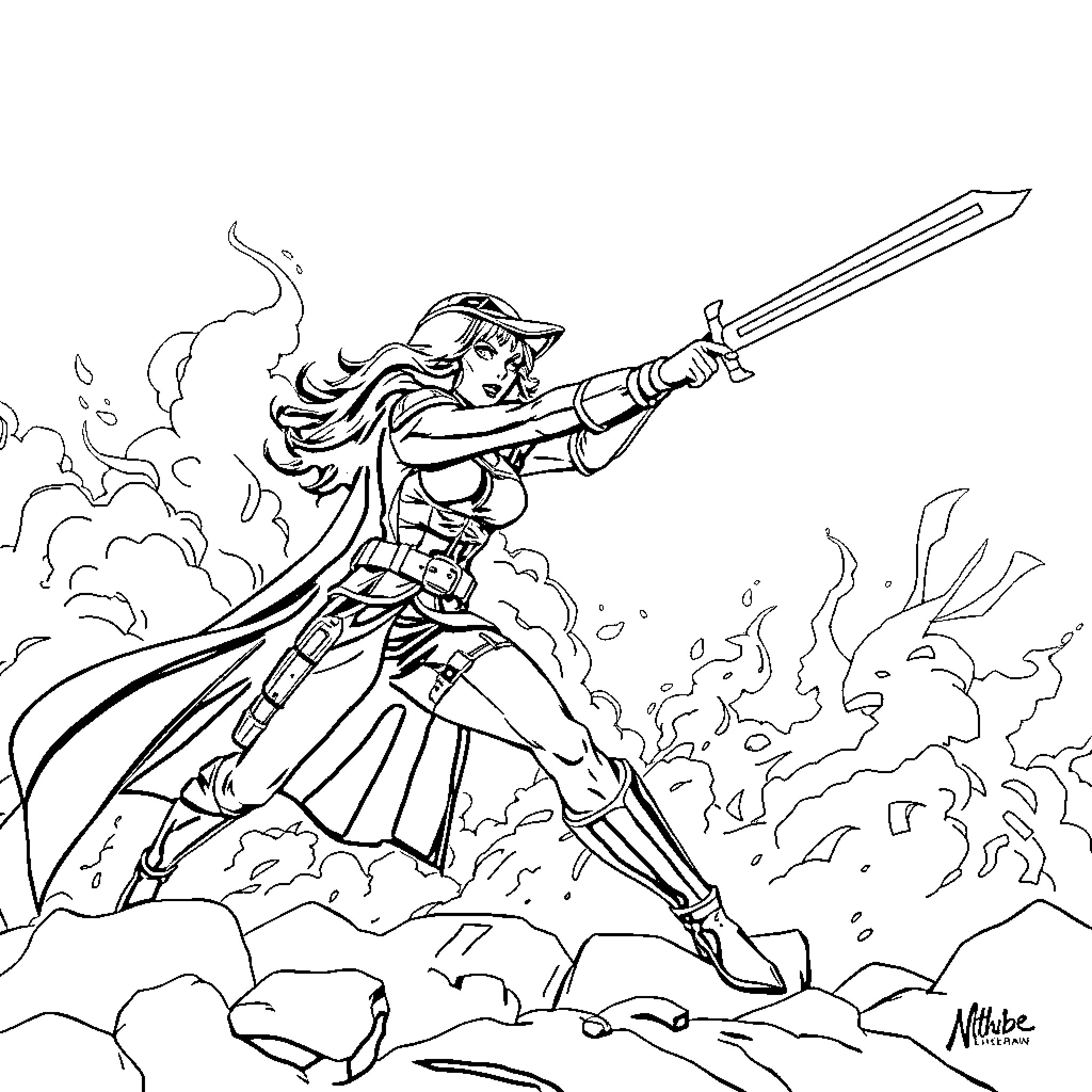 Maribel Guardia in Heroic Battle Pose Coloring Page (free black-and-white line drawing printable PDF for all, from beginners to advanced learners, including children, teens, adults, and seniors)
