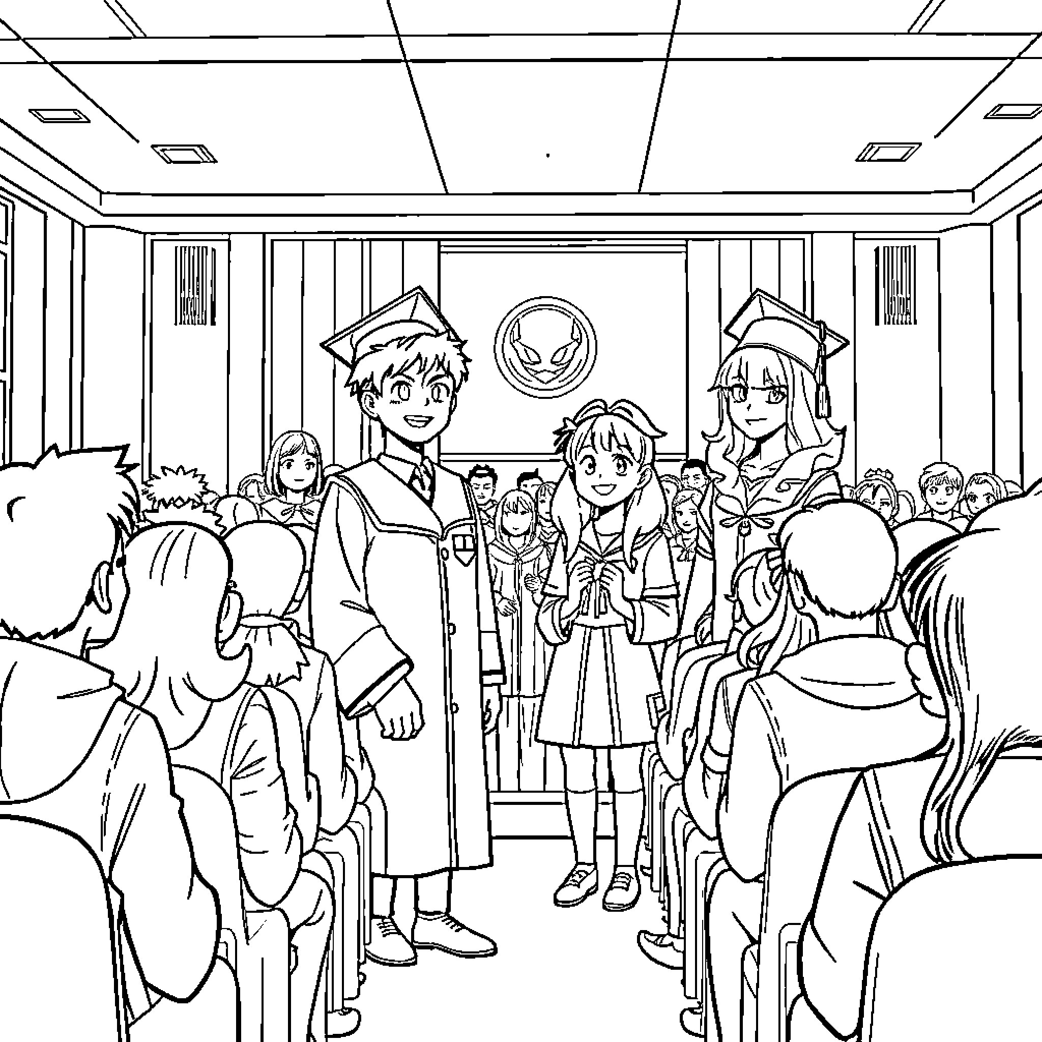My Hero Academia Graduation Ceremony Coloring Page (free black-and-white line drawing printable PDF for all, from beginners to advanced learners, including children, teens, adults, and seniors)