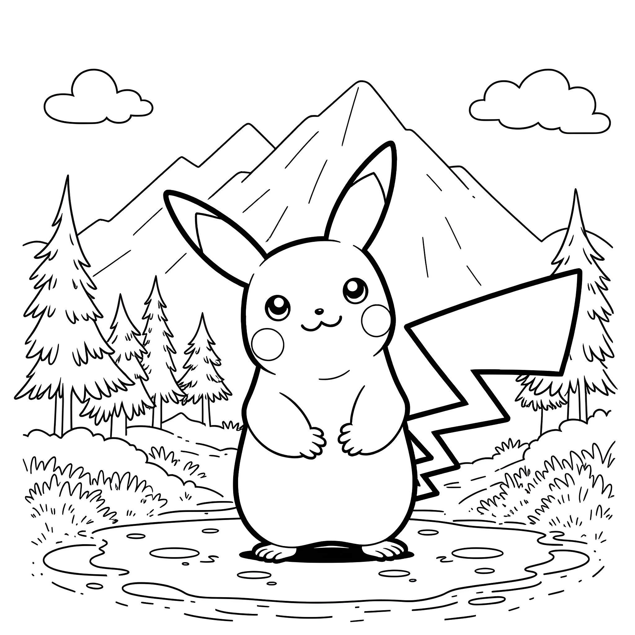 Pikachu exploring the mountain landscape Coloring Page (free black-and-white line drawing printable PDF for all, from beginners to advanced learners, including children, teens, adults, and seniors)