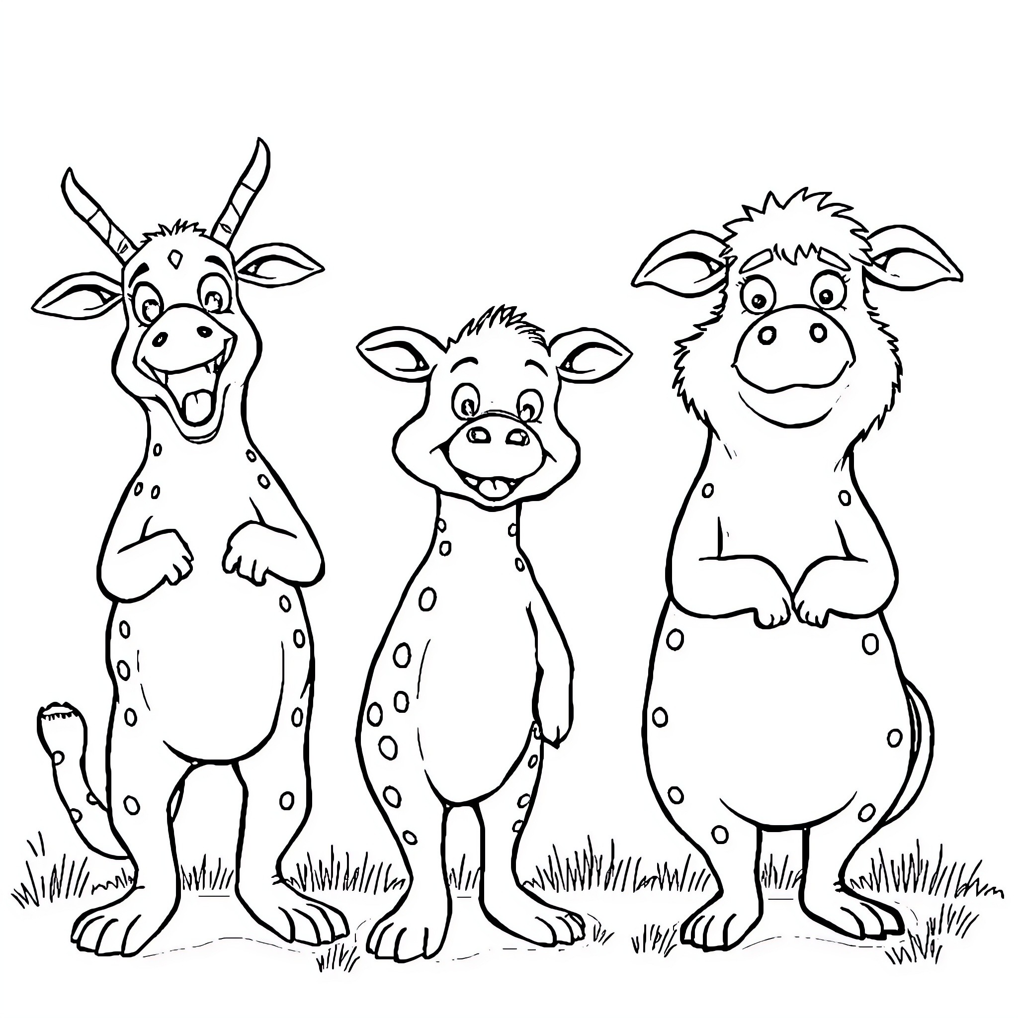 Animal friends playing in the field Coloring Page (free black-and-white line drawing printable PDF for all, from beginners to advanced learners, including children, teens, adults, and seniors)