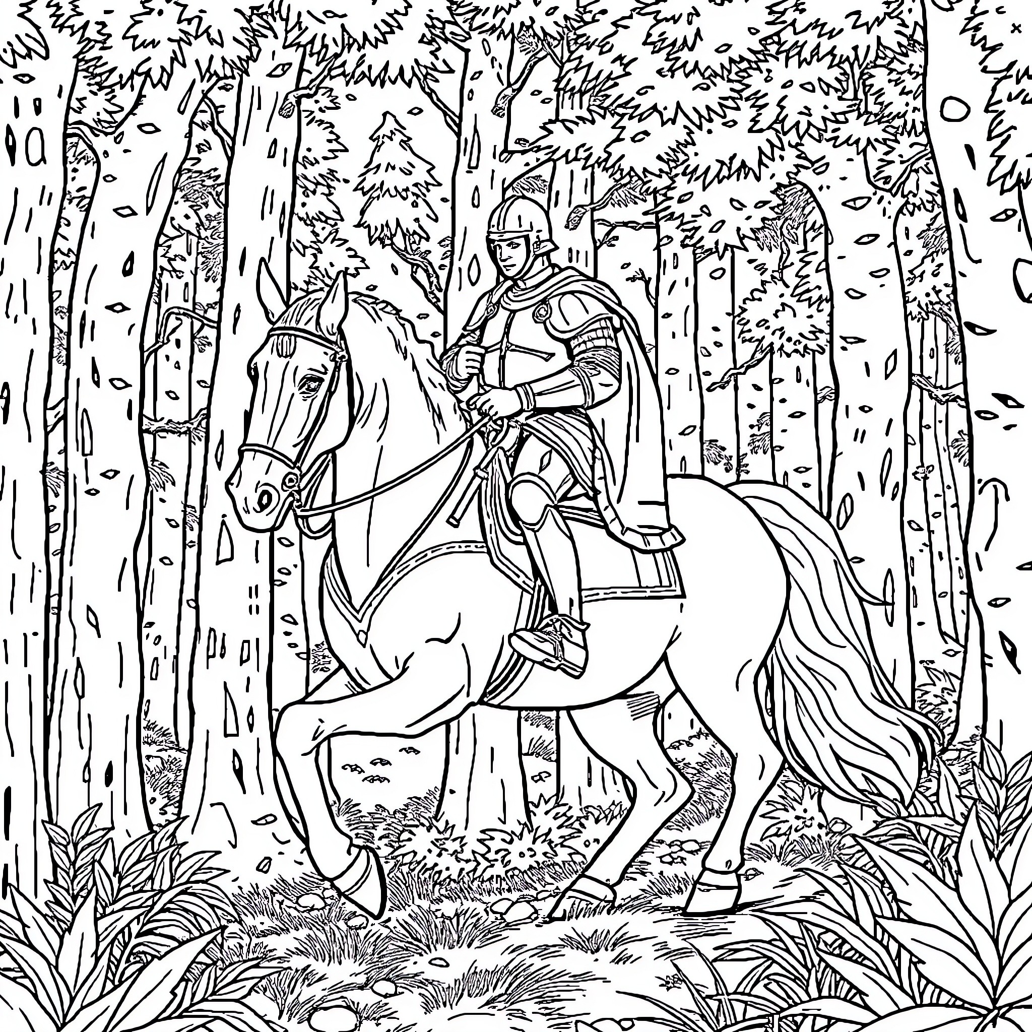 Knight on horseback in the enchanted forest Coloring Page (free black-and-white line drawing printable PDF for all, from beginners to advanced learners, including children, teens, adults, and seniors)