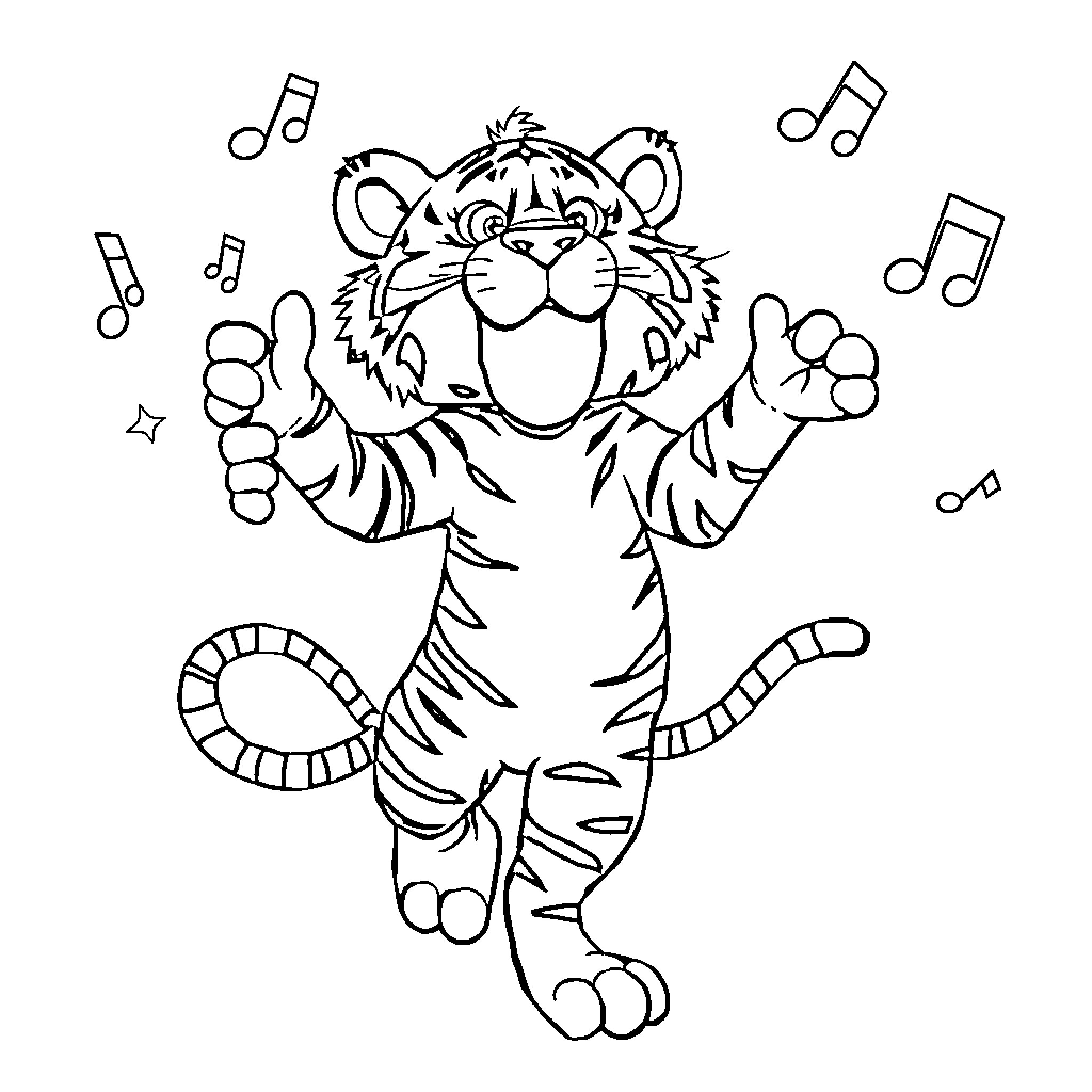 Tiger joyfully dancing with music notes Coloring Page (free black-and-white line drawing printable PDF for all, from beginners to advanced learners, including children, teens, adults, and seniors)