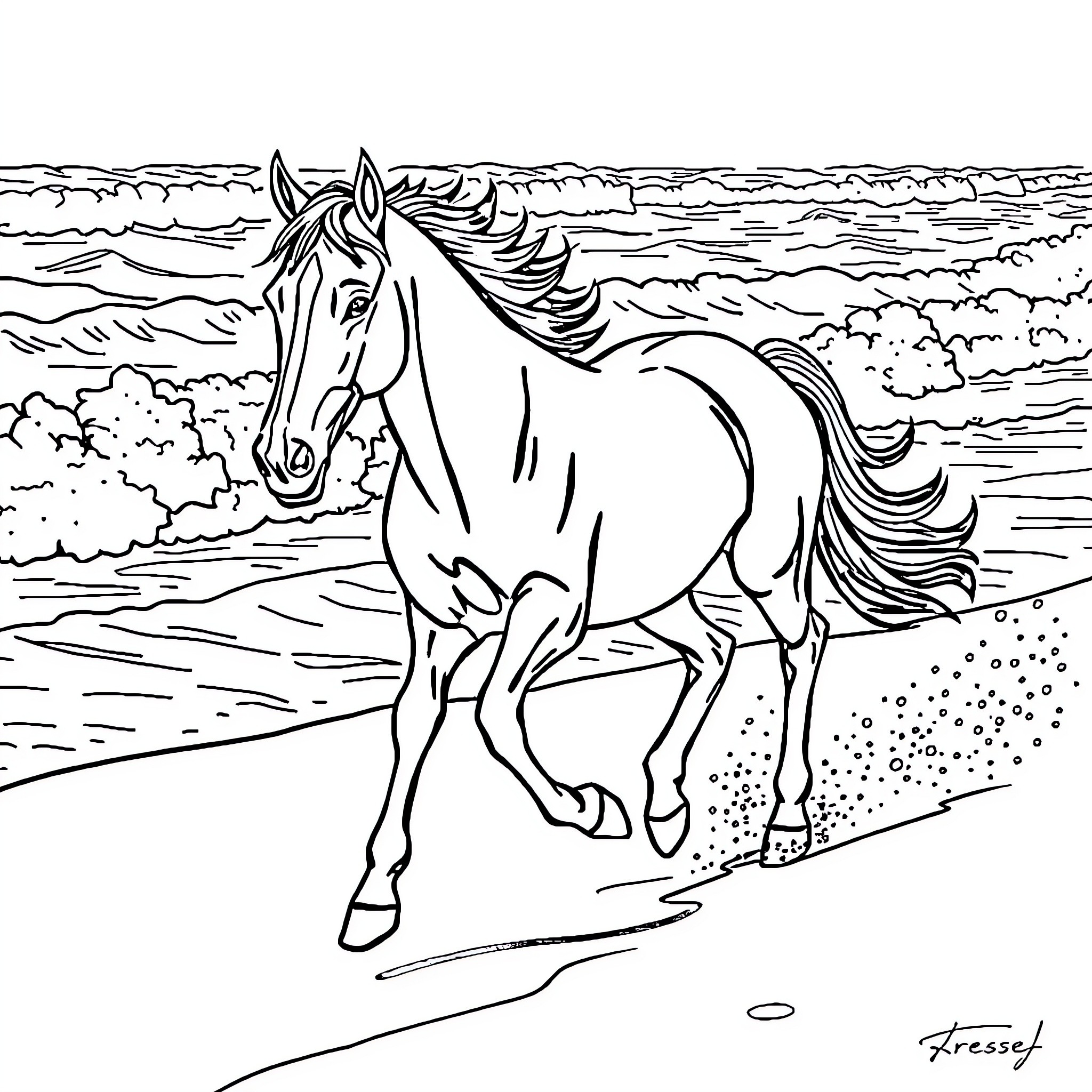 Horse running freely across a scenic landscape Coloring Page (free black-and-white line drawing printable PDF for all, from beginners to advanced learners, including children, teens, adults, and seniors)
