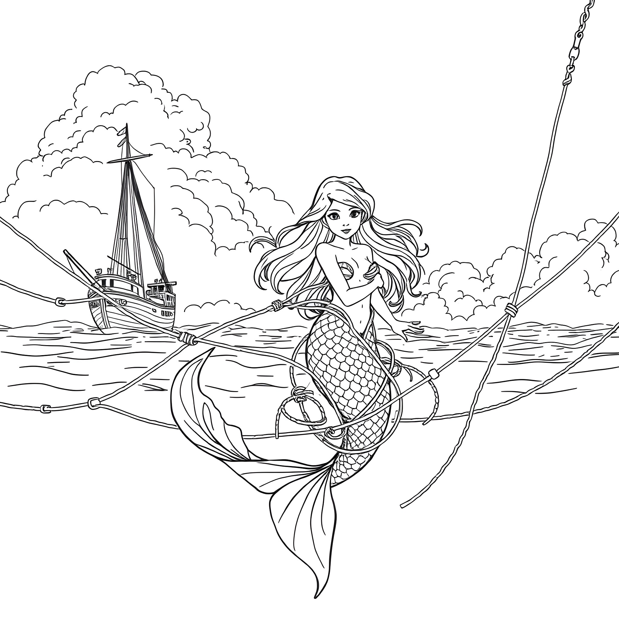 Mermaid riding waves with a sailing ship in the background Coloring Page (free black-and-white line drawing printable PDF for all, from beginners to advanced learners, including children, teens, adults, and seniors)