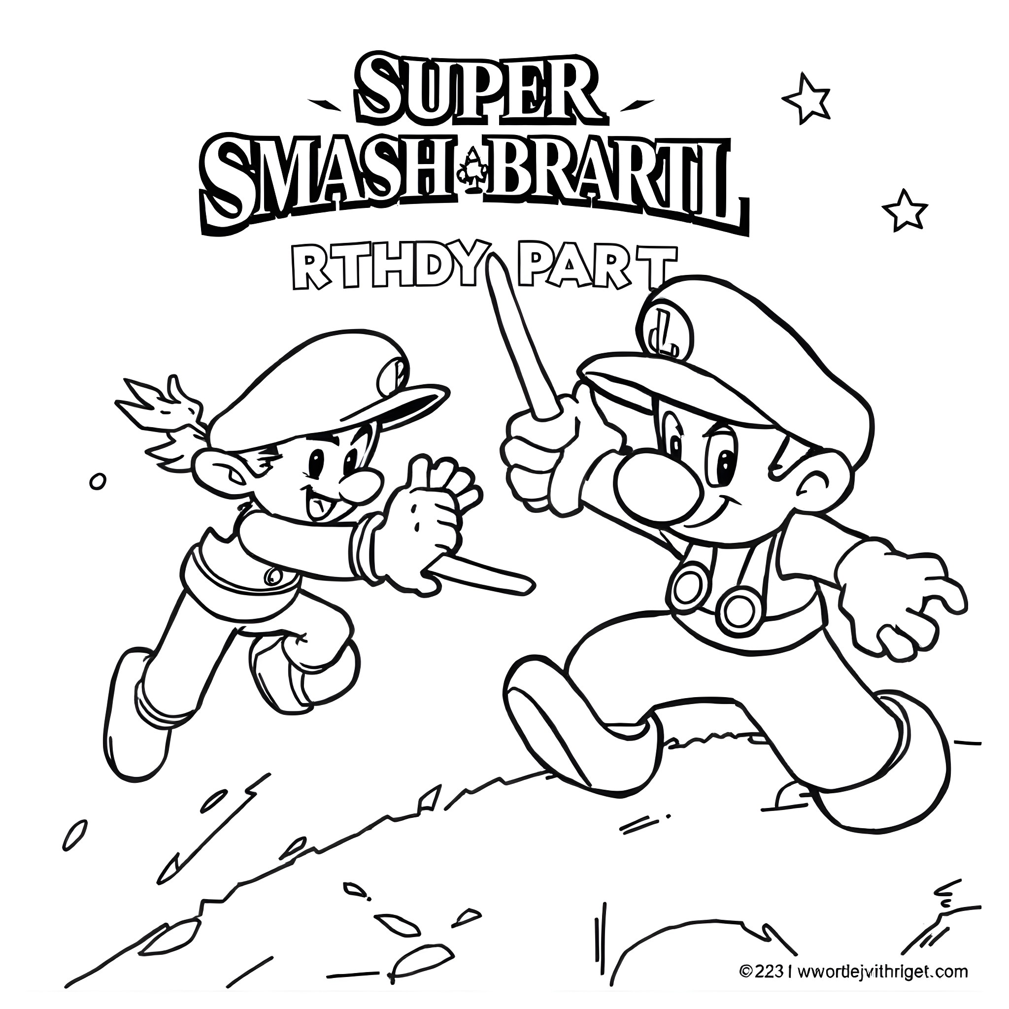 Super Smash Brothers: Characters Engaged in Lively Combat Coloring Page (free black-and-white line drawing printable PDF for all, from beginners to advanced learners, including children, teens, adults, and seniors)