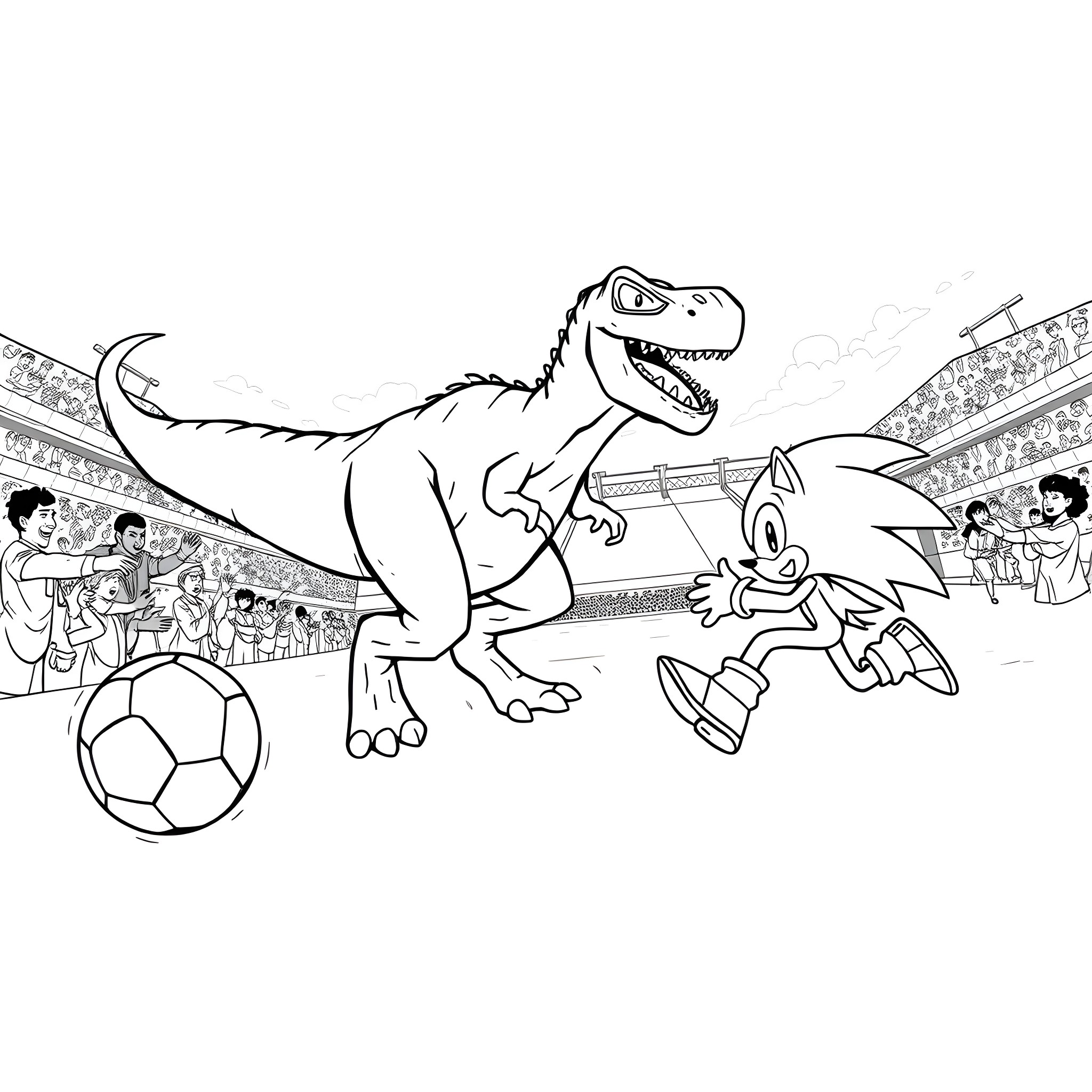 Dinosaur and Hedgehog Playing Football in Stadium Coloring Page (free black-and-white line drawing printable PDF for all, from beginners to advanced learners, including children, teens, adults, and seniors)