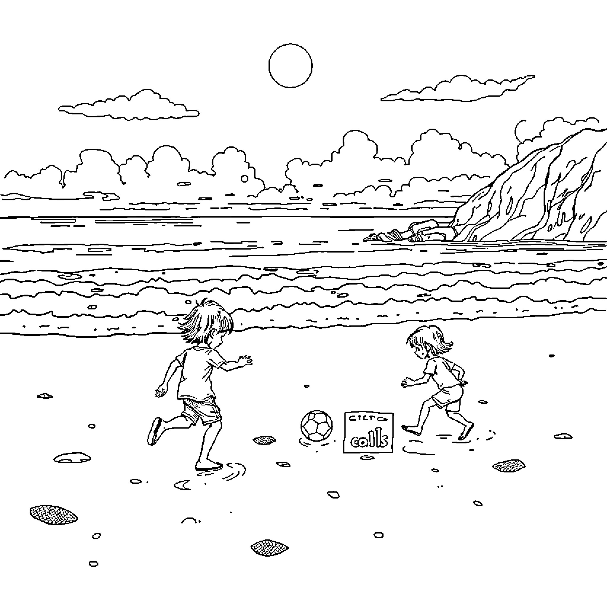 Football on the beach with kids playing Coloring Page (free black-and-white line drawing printable PDF for all, from beginners to advanced learners, including children, teens, adults, and seniors)