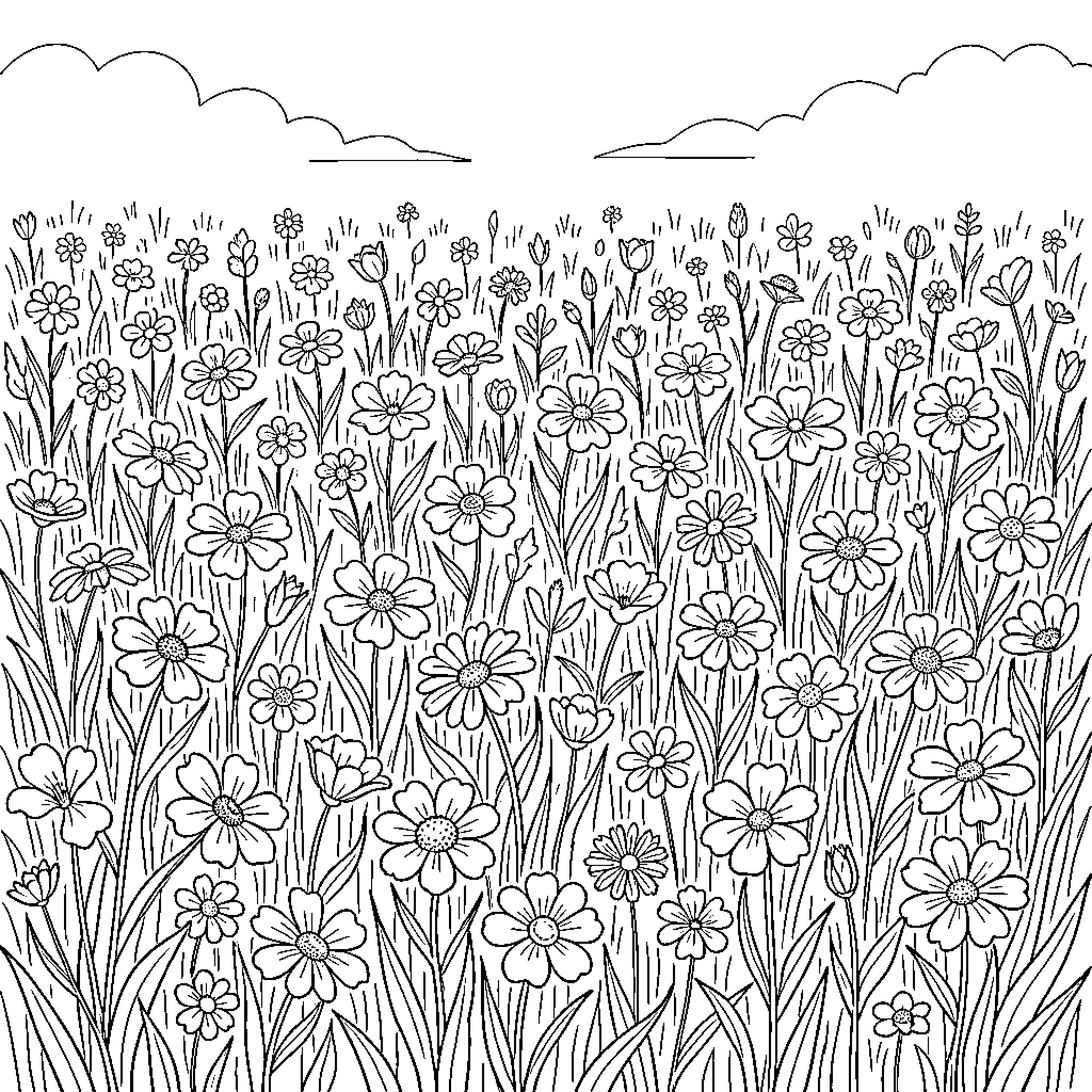 Flower meadow blooming under a cloudy sky Coloring Page (free black-and-white line drawing printable PDF for all, from beginners to advanced learners, including children, teens, adults, and seniors)