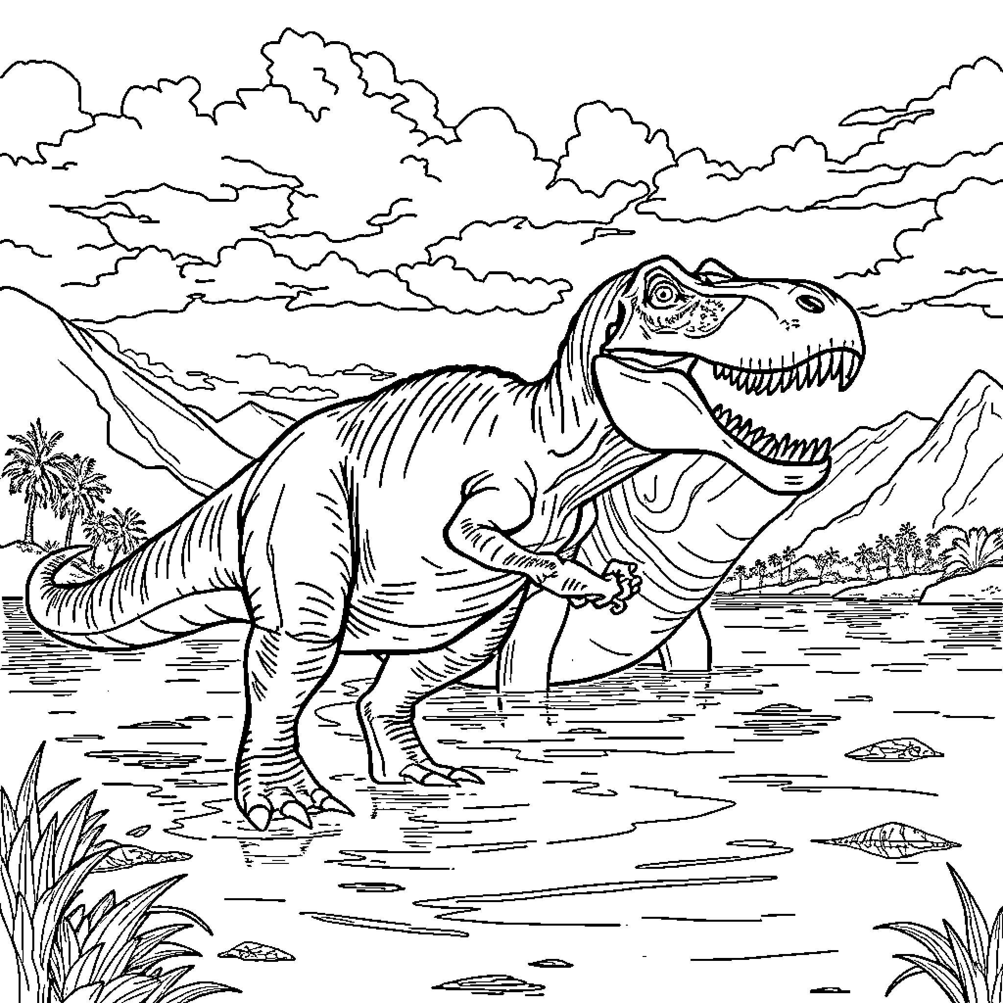 Dinosaur Roaring in Prehistoric Landscape Coloring Page (free black-and-white line drawing printable PDF for all, from beginners to advanced learners, including children, teens, adults, and seniors)