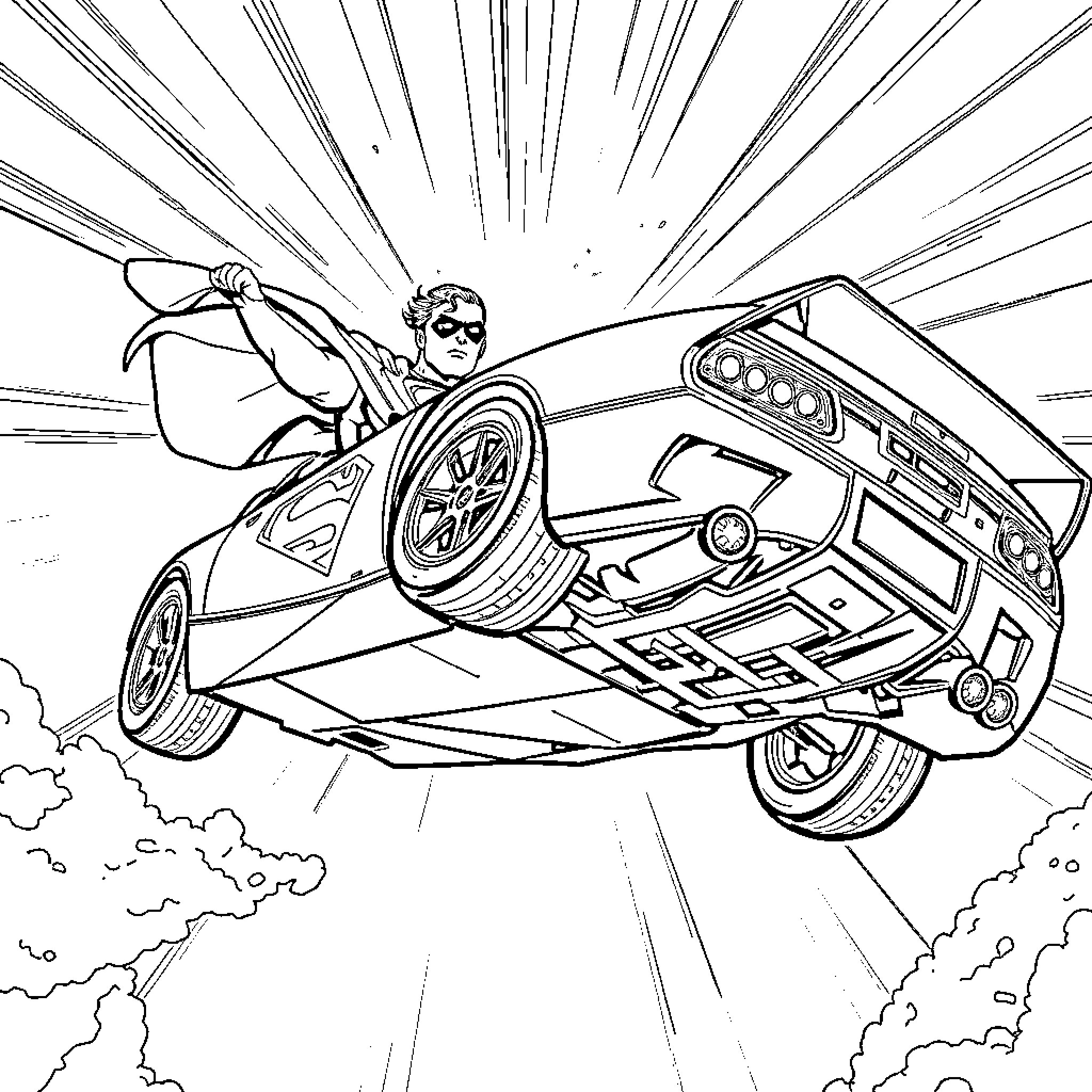 Super Car speeding through the air with driver Coloring Page (free black-and-white line drawing printable PDF for all, from beginners to advanced learners, including children, teens, adults, and seniors)
