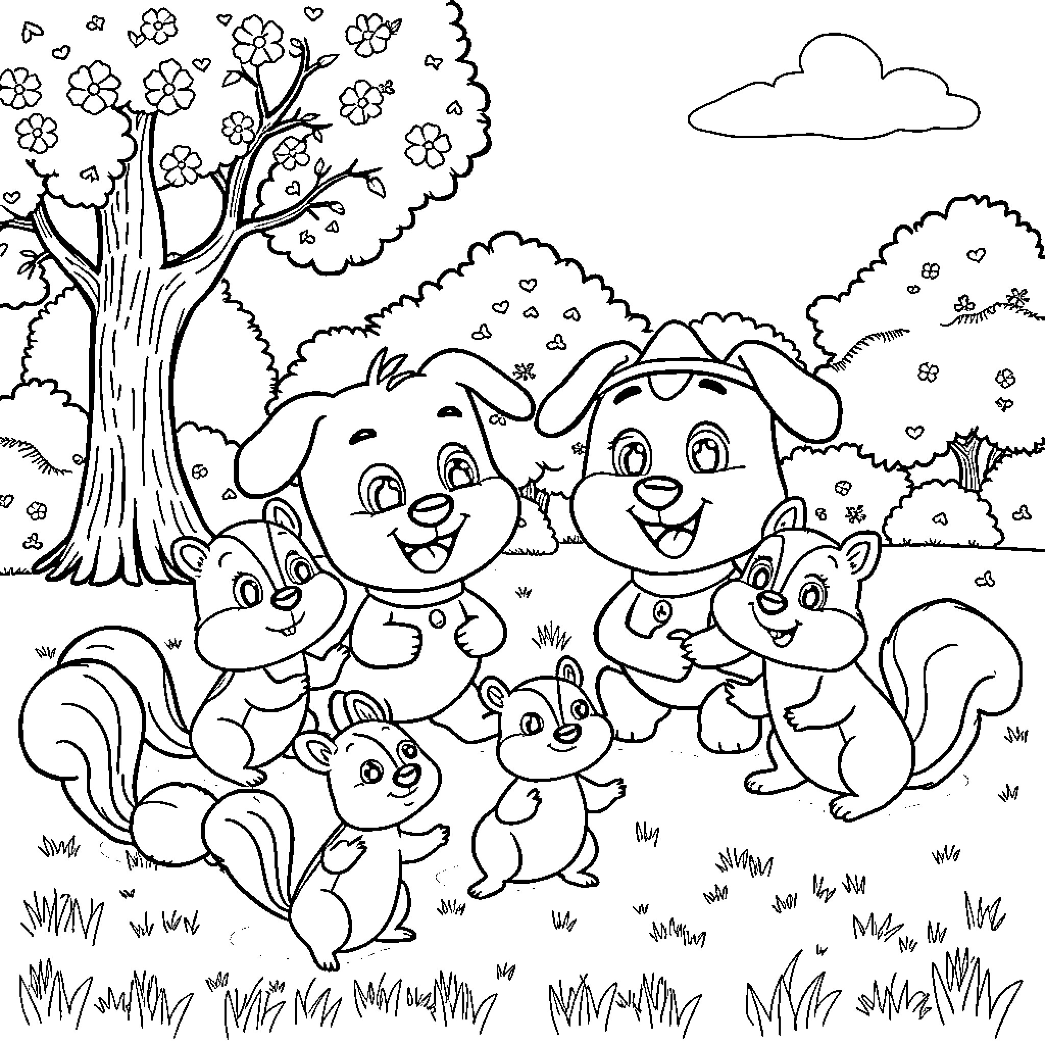 Bluey and friends in a whimsical woodland adventure Coloring Page (free black-and-white line drawing printable PDF for all, from beginners to advanced learners, including children, teens, adults, and seniors)