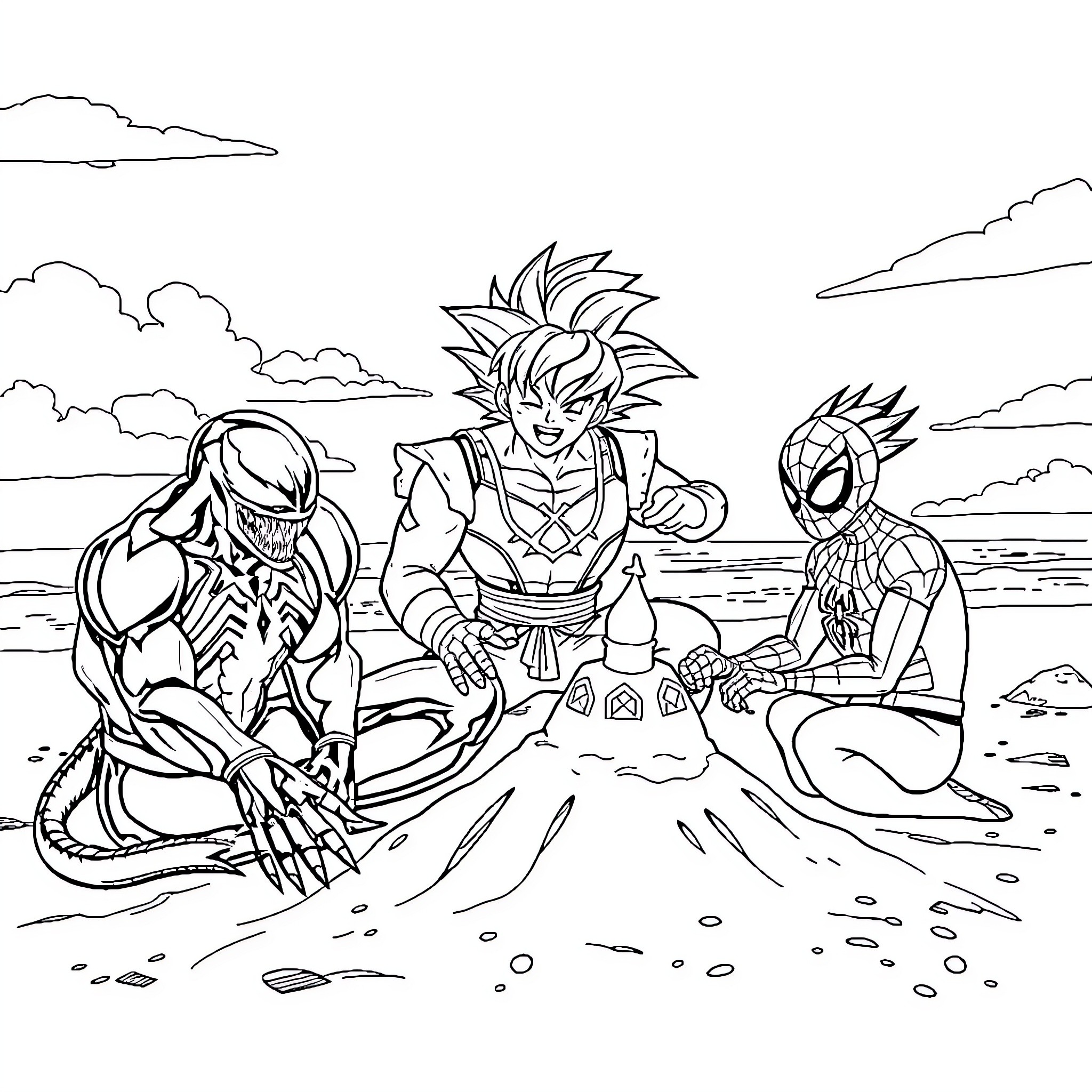 Character Superheroes in Dramatic Beach Scene Coloring Page (free black-and-white line drawing printable PDF for all, from beginners to advanced learners, including children, teens, adults, and seniors)