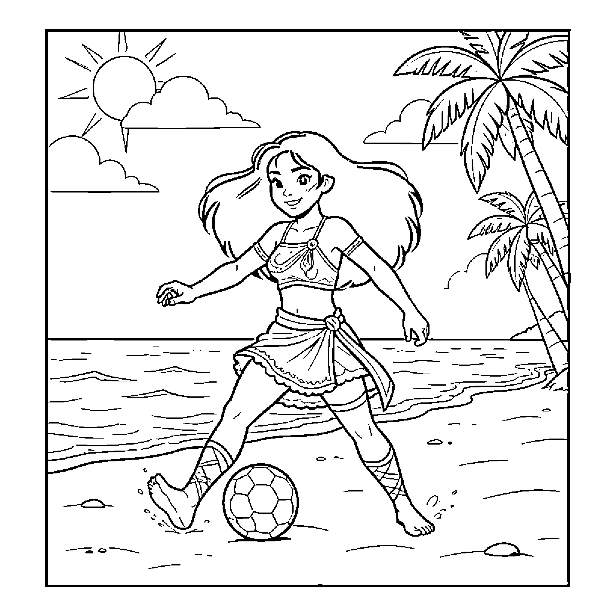 Vaiana playing soccer on a tropical beach Coloring Page (free black-and-white line drawing printable PDF for all, from beginners to advanced learners, including children, teens, adults, and seniors)