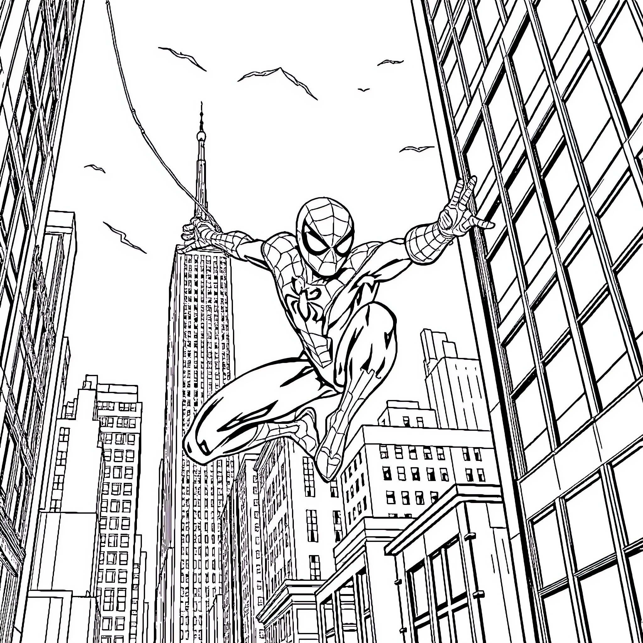 Spiderman swinging through the city skyline Coloring Page (free black-and-white line drawing printable PDF for all, from beginners to advanced learners, including children, teens, adults, and seniors)