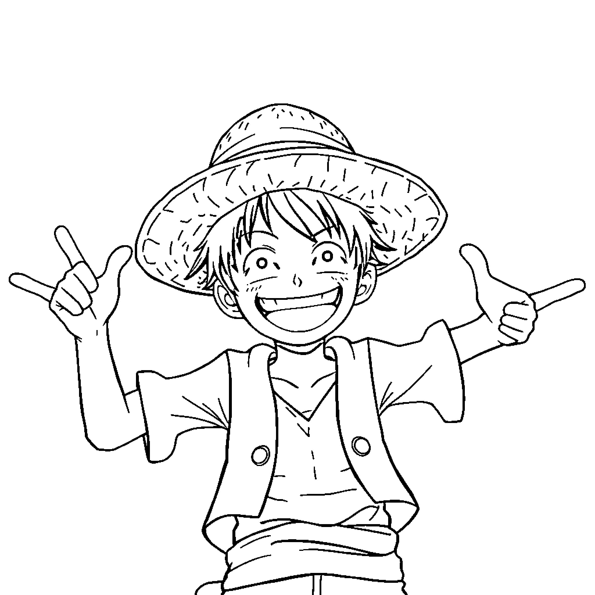 Luffy's Joyful Adventure in Black and White Coloring Page (free black-and-white line drawing printable PDF for all, from beginners to advanced learners, including children, teens, adults, and seniors)