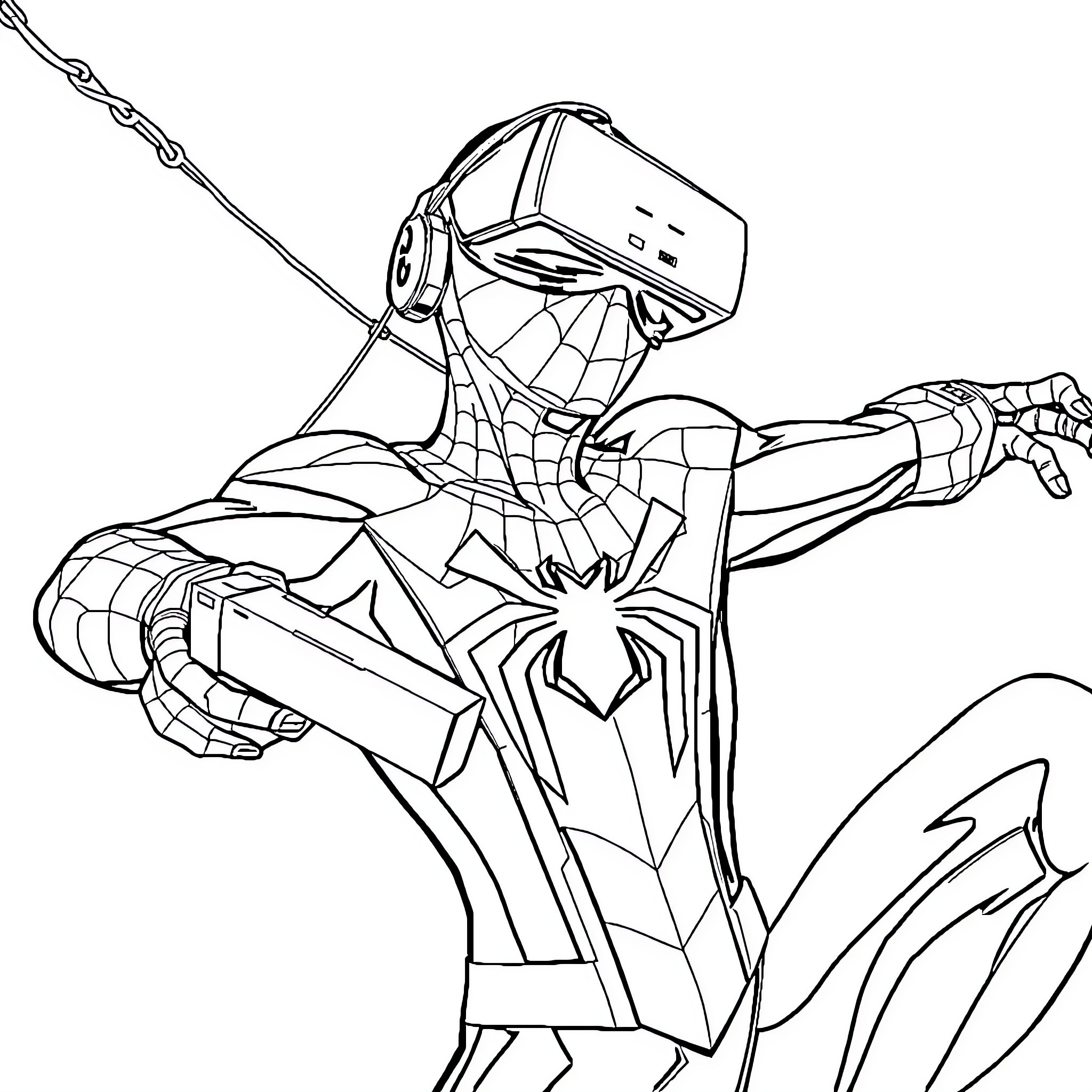 Spiderman in action with virtual reality gear Coloring Page (free black-and-white line drawing printable PDF for all, from beginners to advanced learners, including children, teens, adults, and seniors)