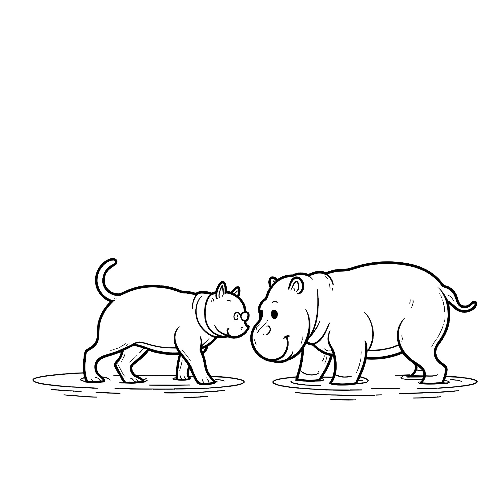Pit Bull and Hippopotamus in Playful Interaction Coloring Page (free black-and-white line drawing printable PDF for all, from beginners to advanced learners, including children, teens, adults, and seniors)