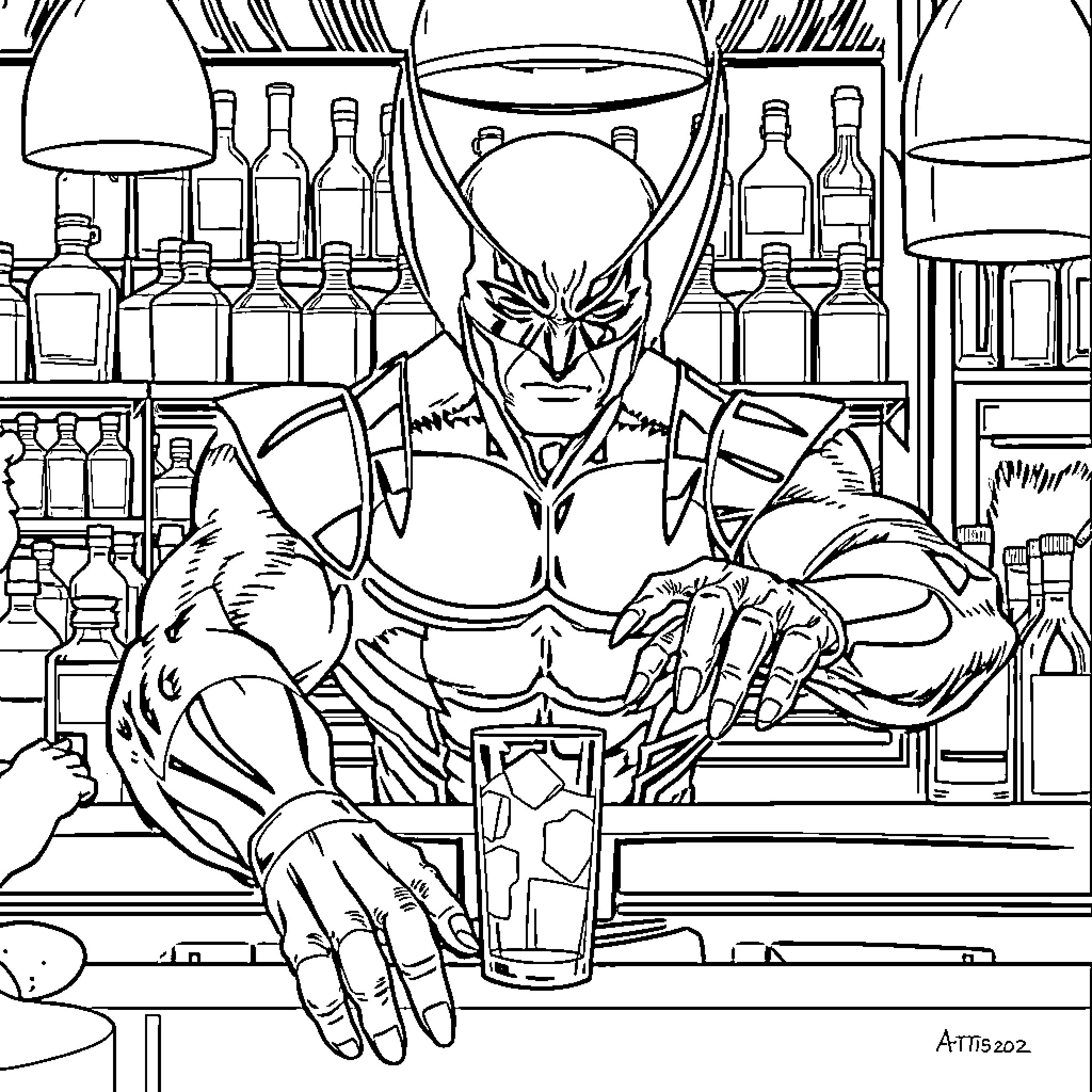 Wolverine Enjoys a Drink at the Bar Coloring Page (free black-and-white line drawing printable PDF for all, from beginners to advanced learners, including children, teens, adults, and seniors)