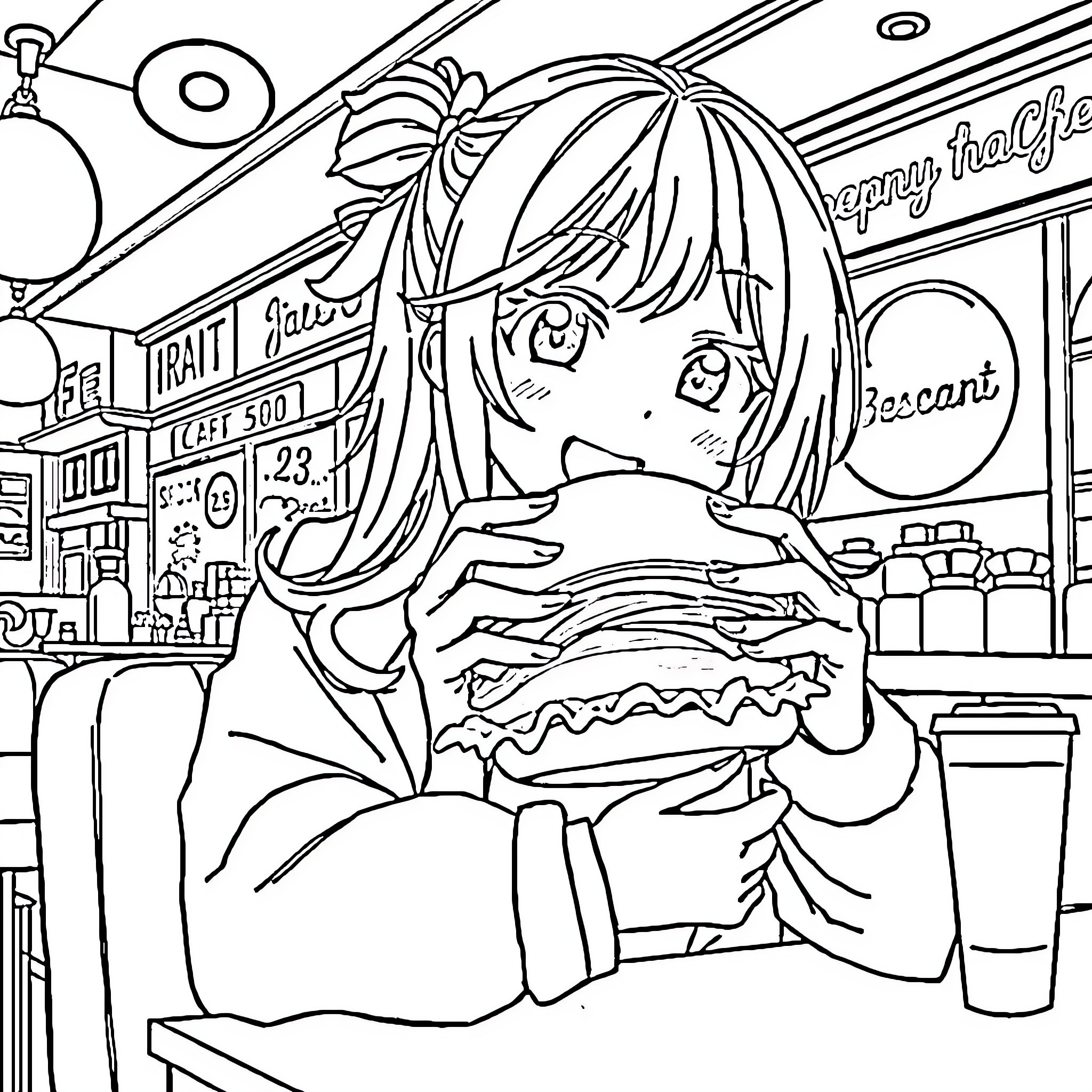 Anime Girl Enjoying a Snack at the Convenience Store Coloring Page (free black-and-white line drawing printable PDF for all, from beginners to advanced learners, including children, teens, adults, and seniors)