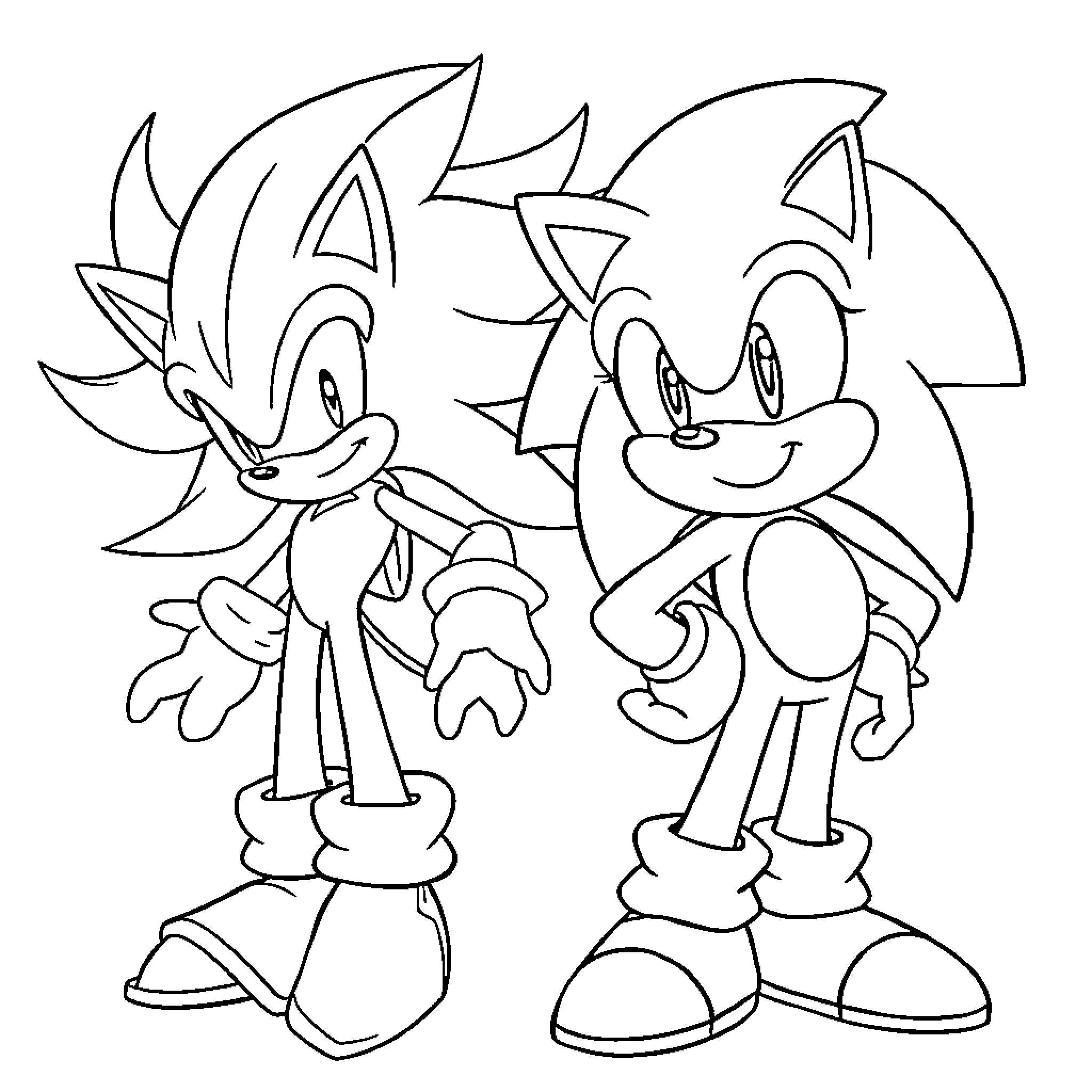 Sonic characters in playful poses Coloring Page (free black-and-white line drawing printable PDF for all, from beginners to advanced learners, including children, teens, adults, and seniors)