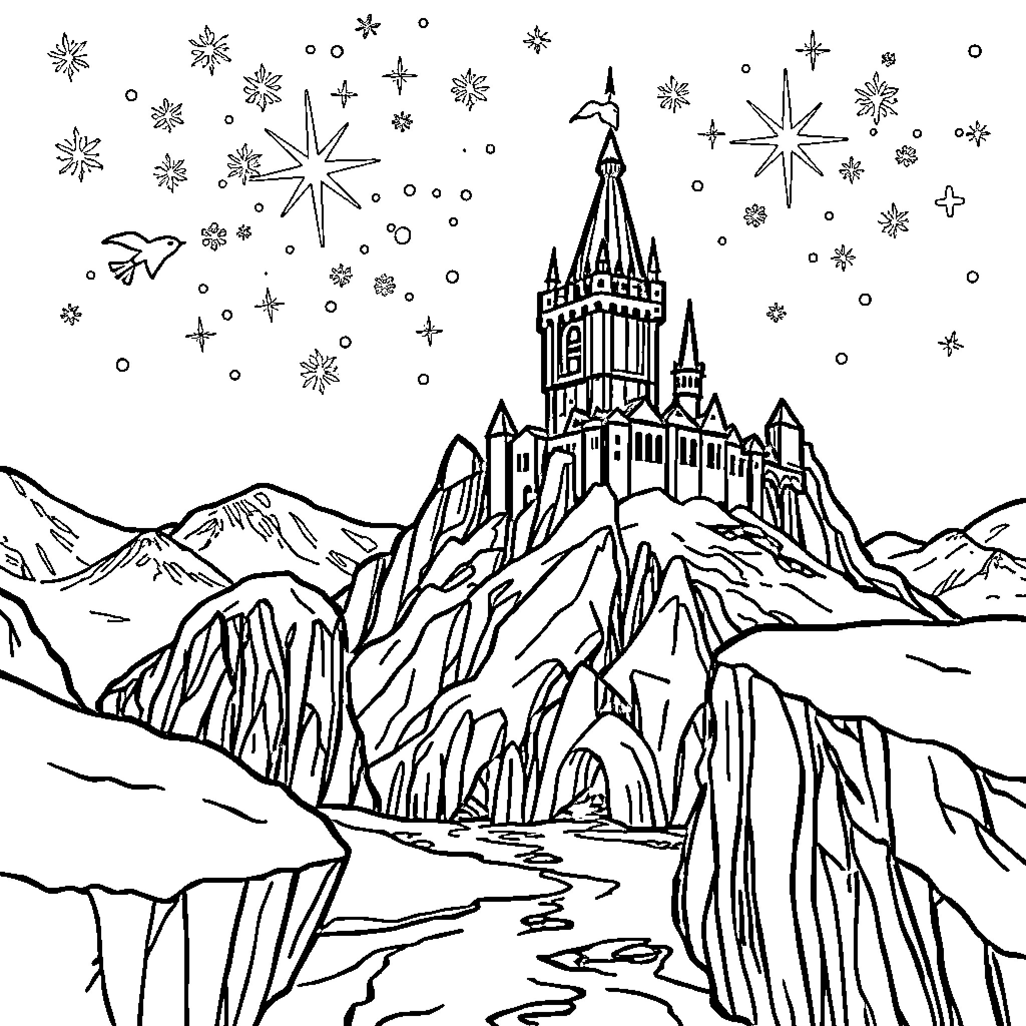 Castle in the Snowy Mountains Coloring Page (free black-and-white line drawing printable PDF for all, from beginners to advanced learners, including children, teens, adults, and seniors)