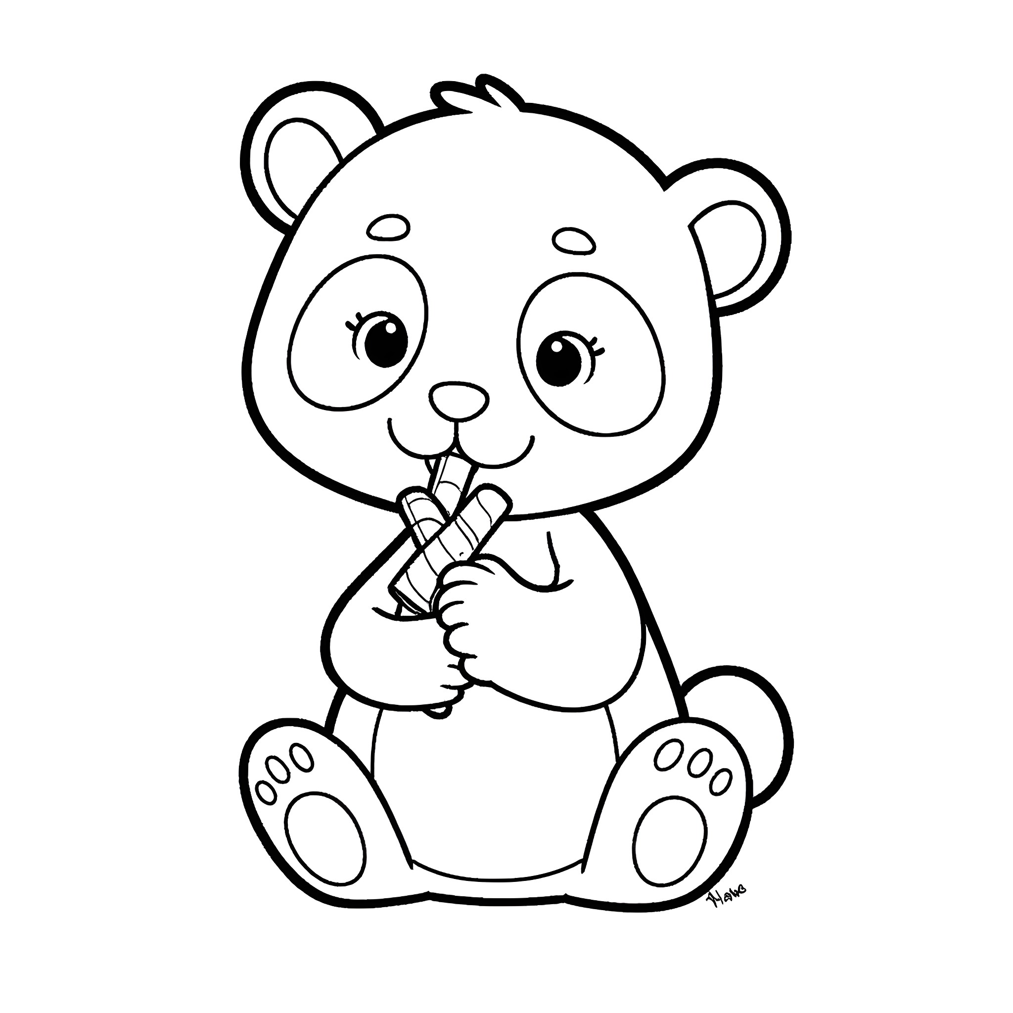 Panda eating snack with cute expression Coloring Page (free black-and-white line drawing printable PDF for all, from beginners to advanced learners, including children, teens, adults, and seniors)