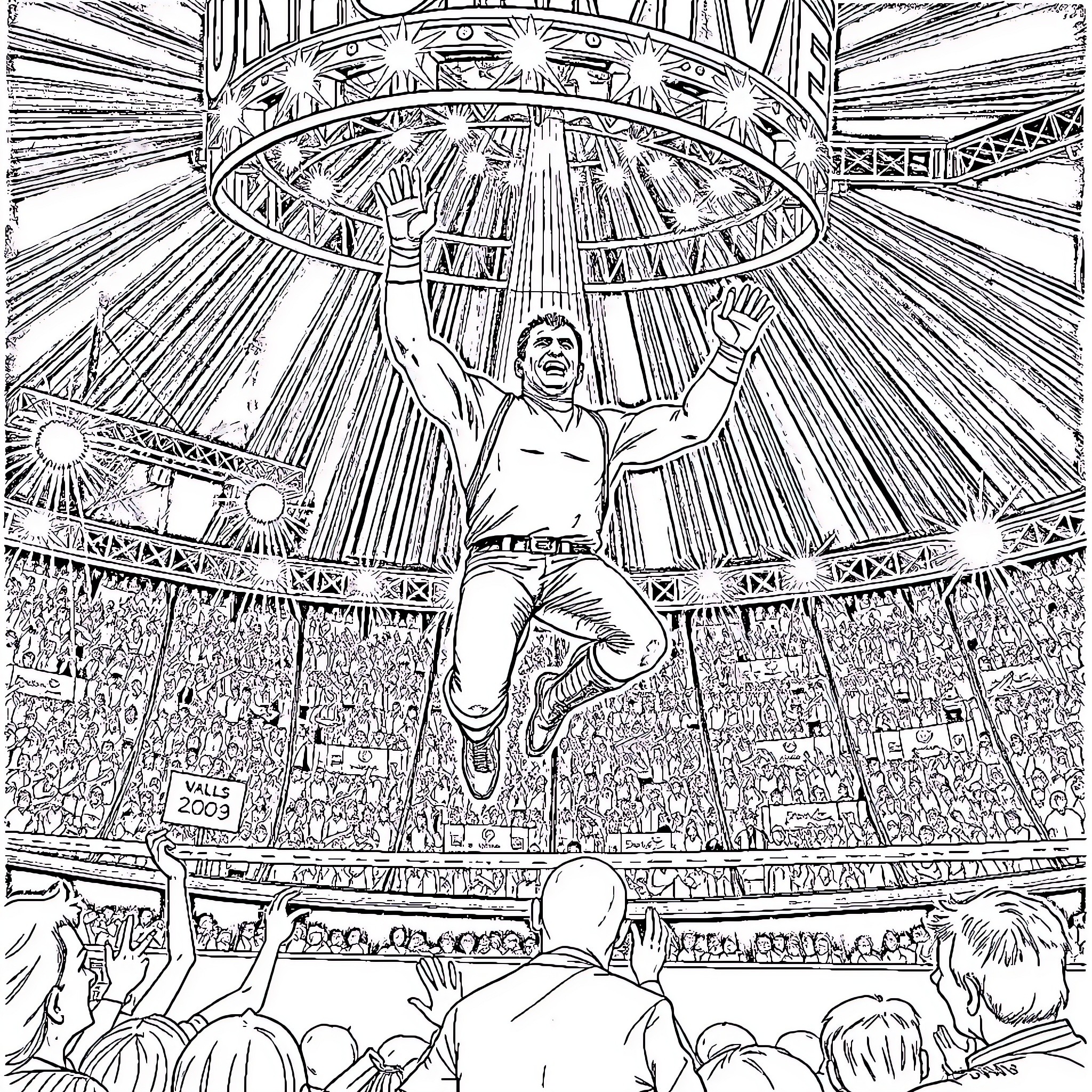 Shane McMahon's dramatic entrance in the wrestling arena Coloring Page (free black-and-white line drawing printable PDF for all, from beginners to advanced learners, including children, teens, adults, and seniors)