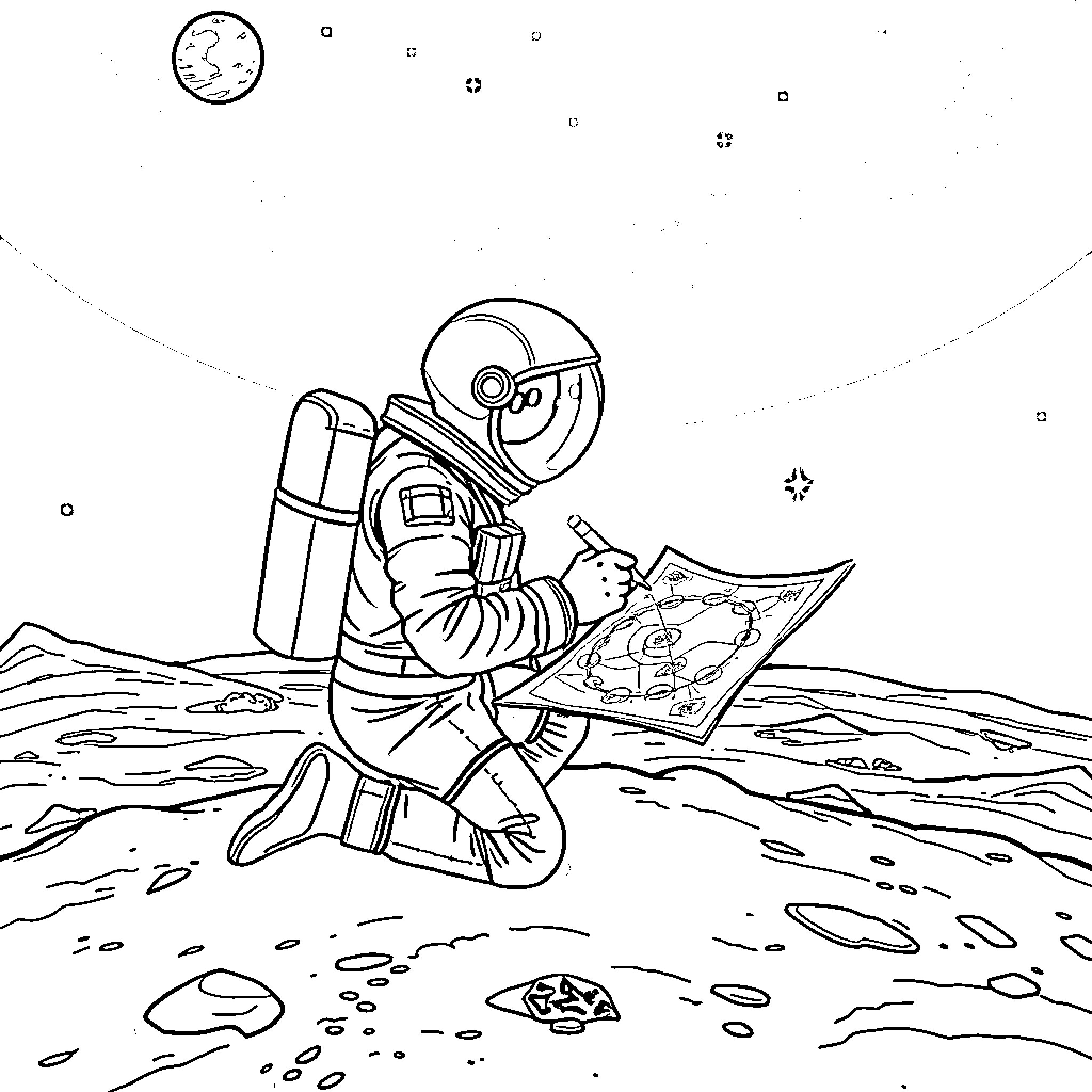 Astronaut exploring and studying the surface of a distant planet Coloring Page (free black-and-white line drawing printable PDF for all, from beginners to advanced learners, including children, teens, adults, and seniors)