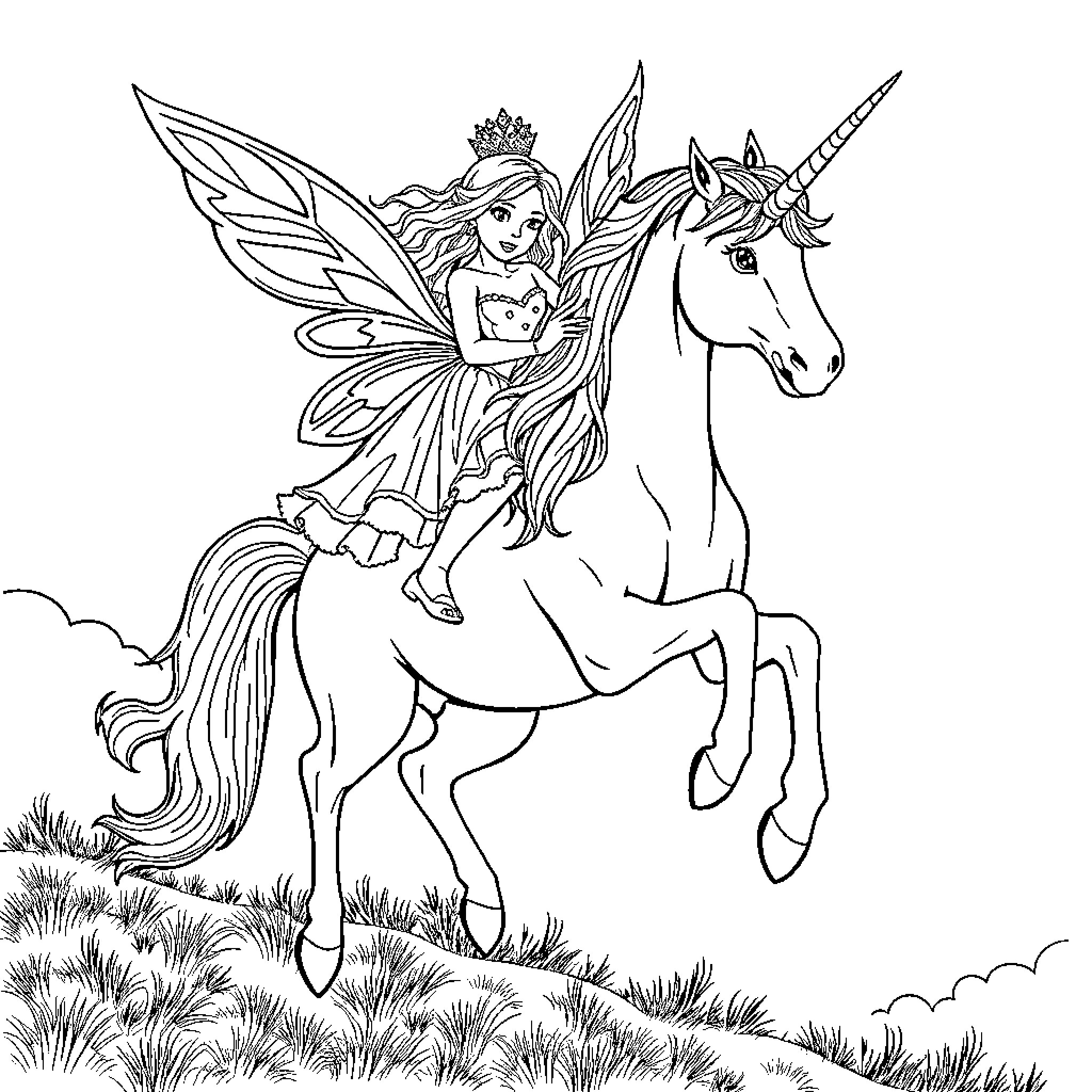Fairy Princess Riding a Magical Unicorn Coloring Page (free black-and-white line drawing printable PDF for all, from beginners to advanced learners, including children, teens, adults, and seniors)