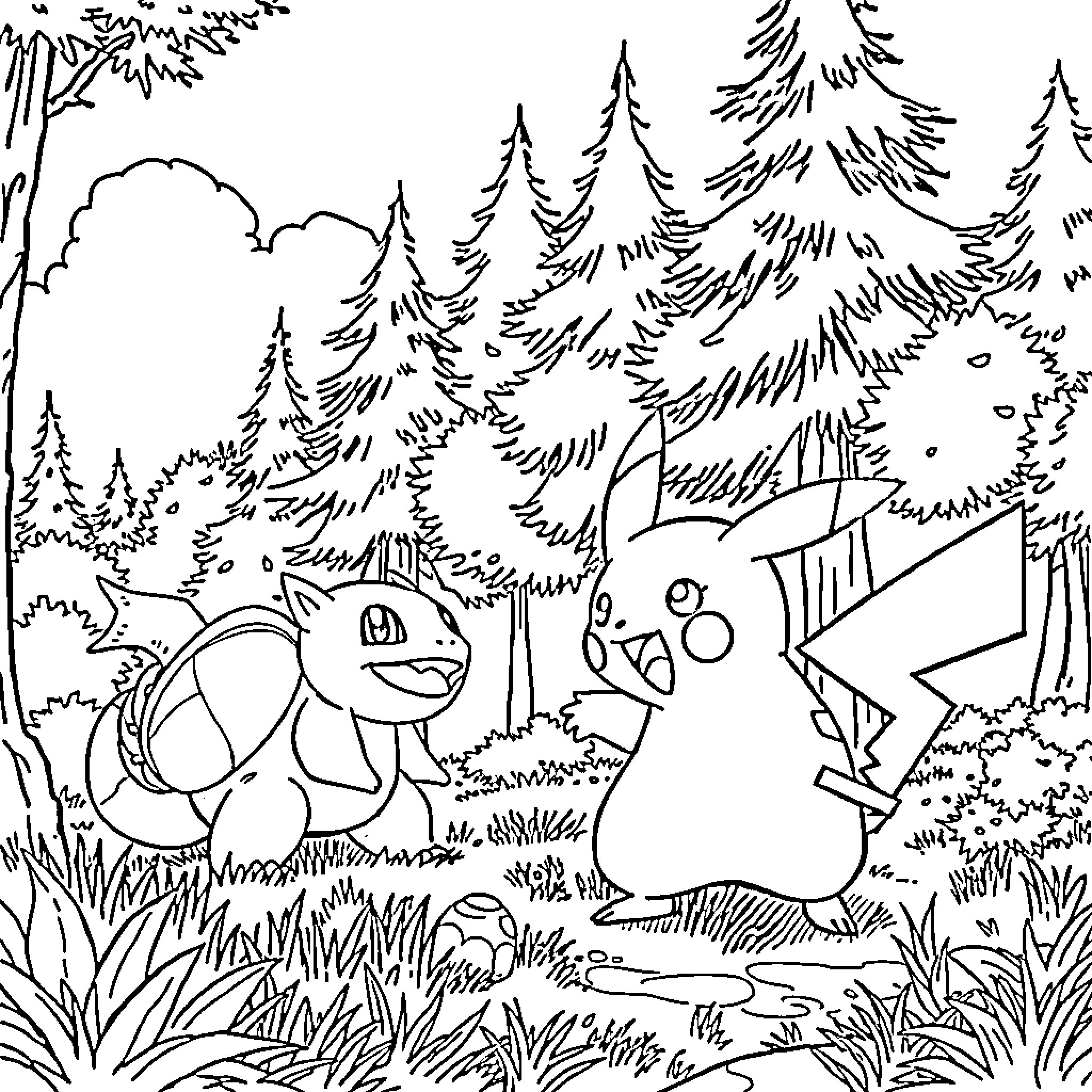 Pikachu playing in the forest with Bulbasaur Coloring Page (free black-and-white line drawing printable PDF for all, from beginners to advanced learners, including children, teens, adults, and seniors)