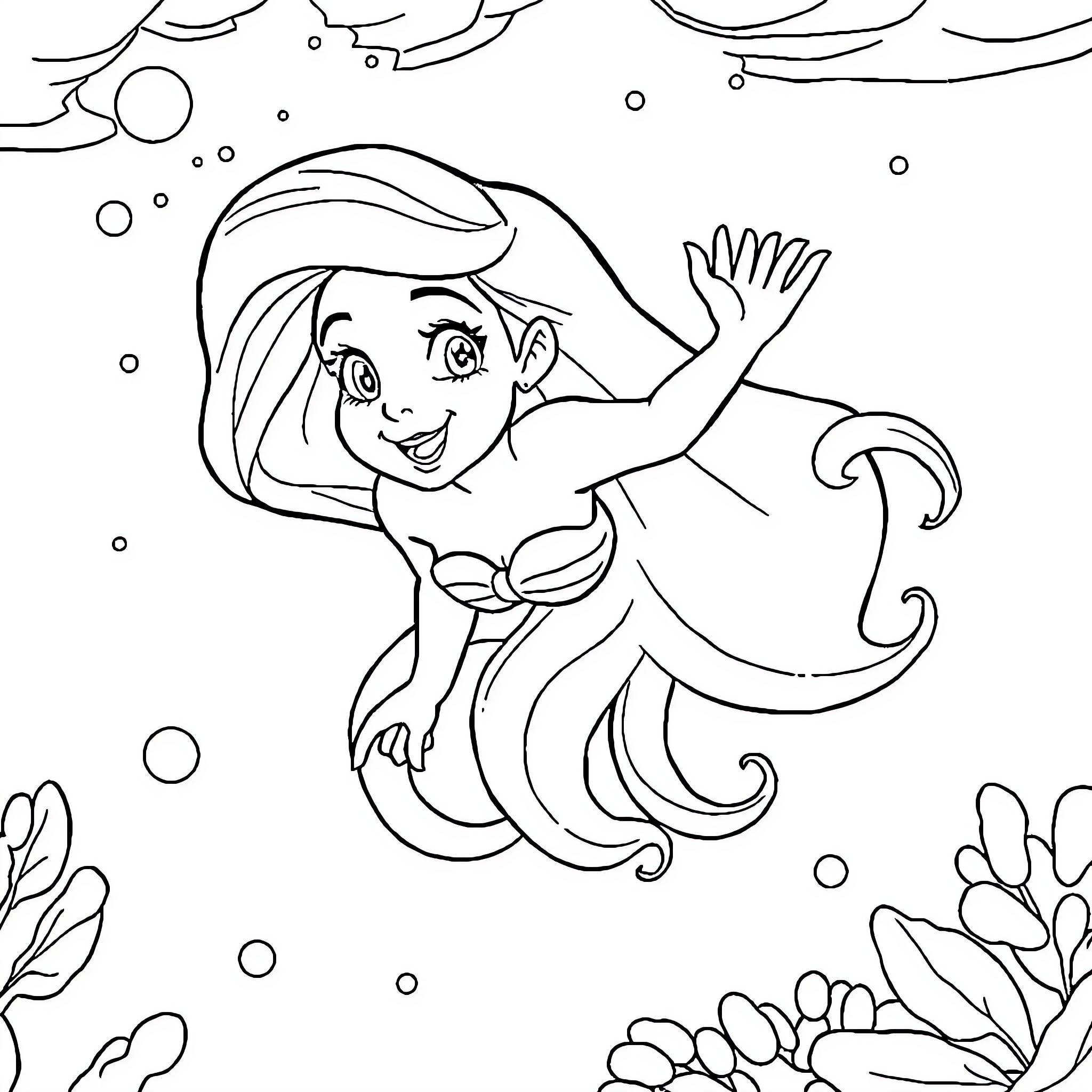 Ariel swimming joyfully underwater with sea creatures Coloring Page (free black-and-white line drawing printable PDF for all, from beginners to advanced learners, including children, teens, adults, and seniors)