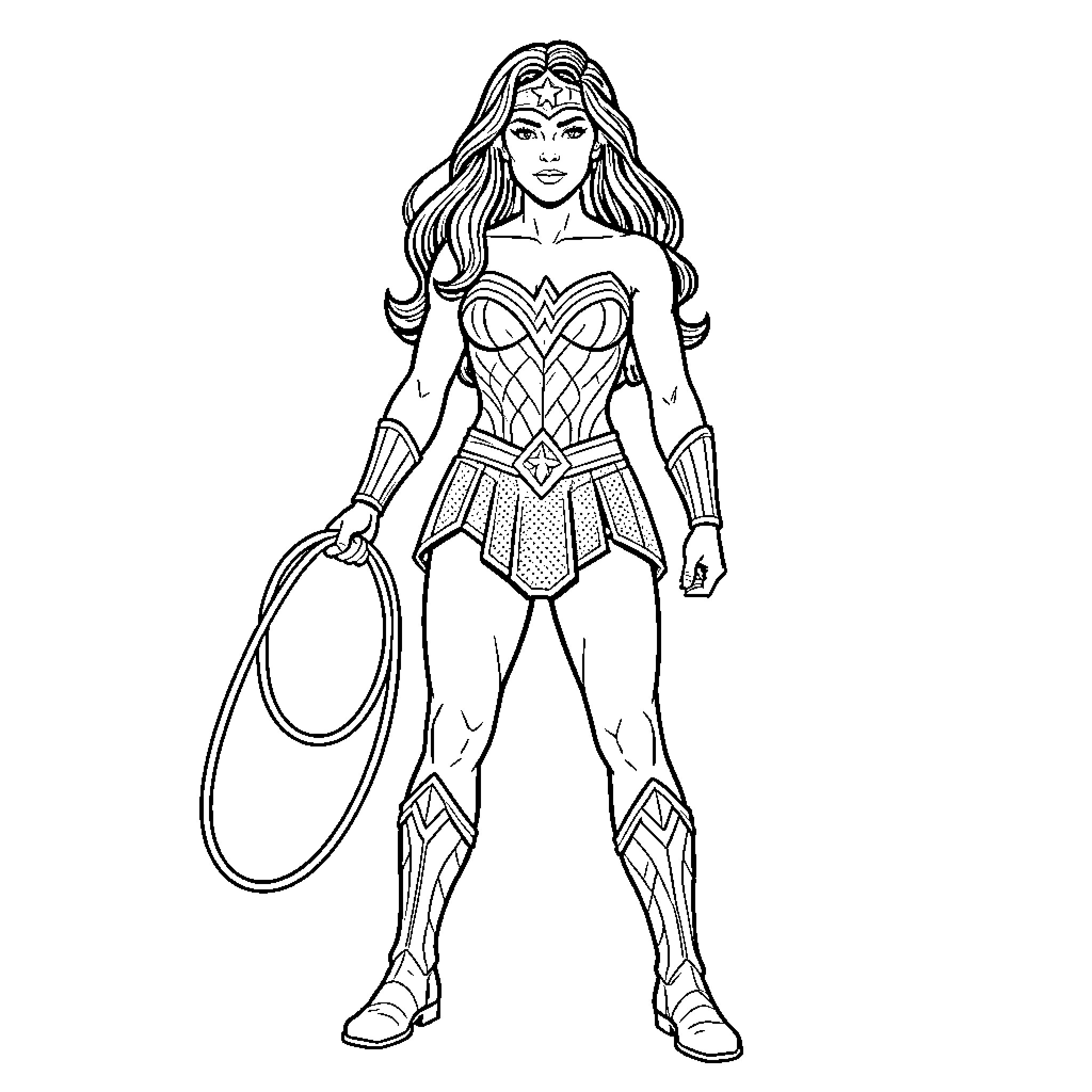 Wonder Woman standing heroically holding her golden lasso Coloring Page (free black-and-white line drawing printable PDF for all, from beginners to advanced learners, including children, teens, adults, and seniors)