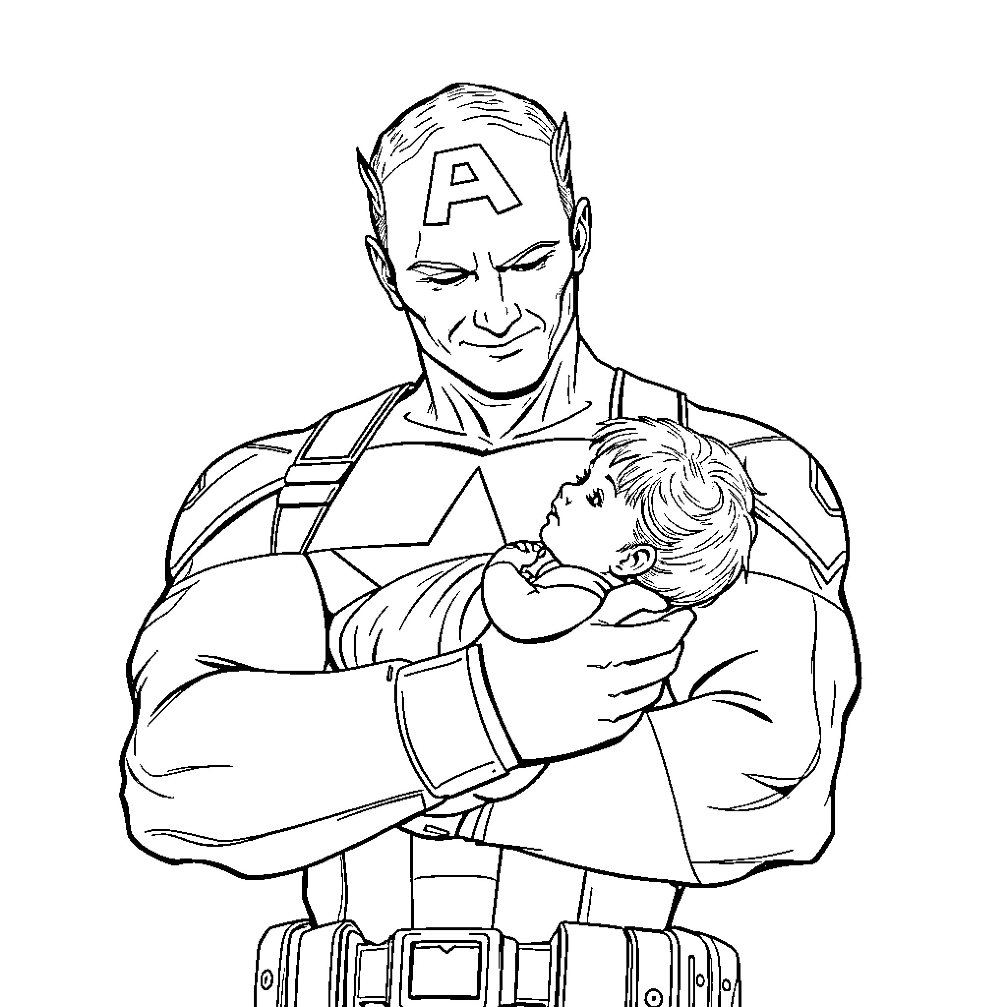 Captain America Holds a Child in a Protective Embrace Coloring Page (free black-and-white line drawing printable PDF for all, from beginners to advanced learners, including children, teens, adults, and seniors)
