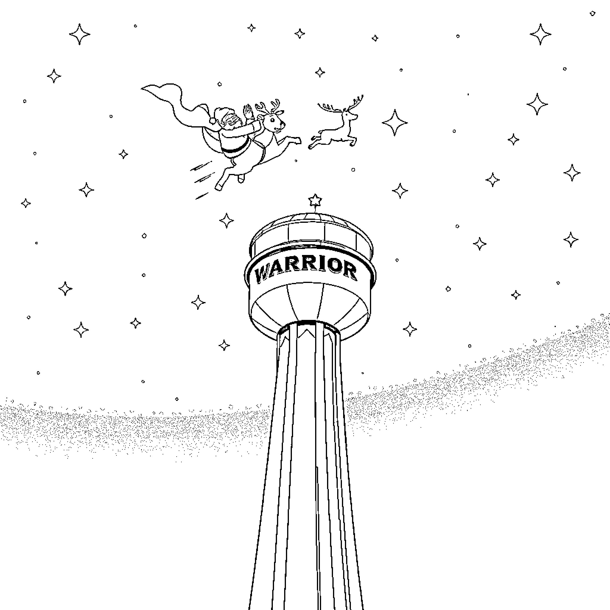Santa's Magical Ride through the Starry Night Coloring Page (free black-and-white line drawing printable PDF for all, from beginners to advanced learners, including children, teens, adults, and seniors)